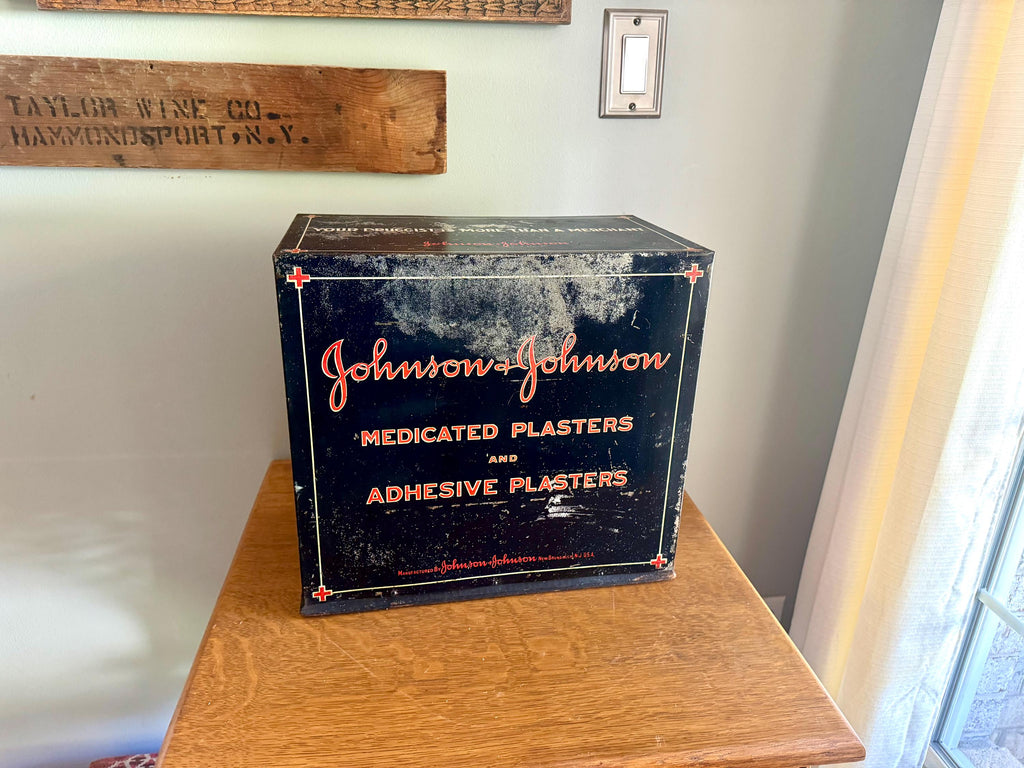 Antique Johnson & Johnson Medicated Plaster Display Bin | Pharmacy Kidney Plaster Cabinet | J and J Advertisement Metal Medical Cabinet