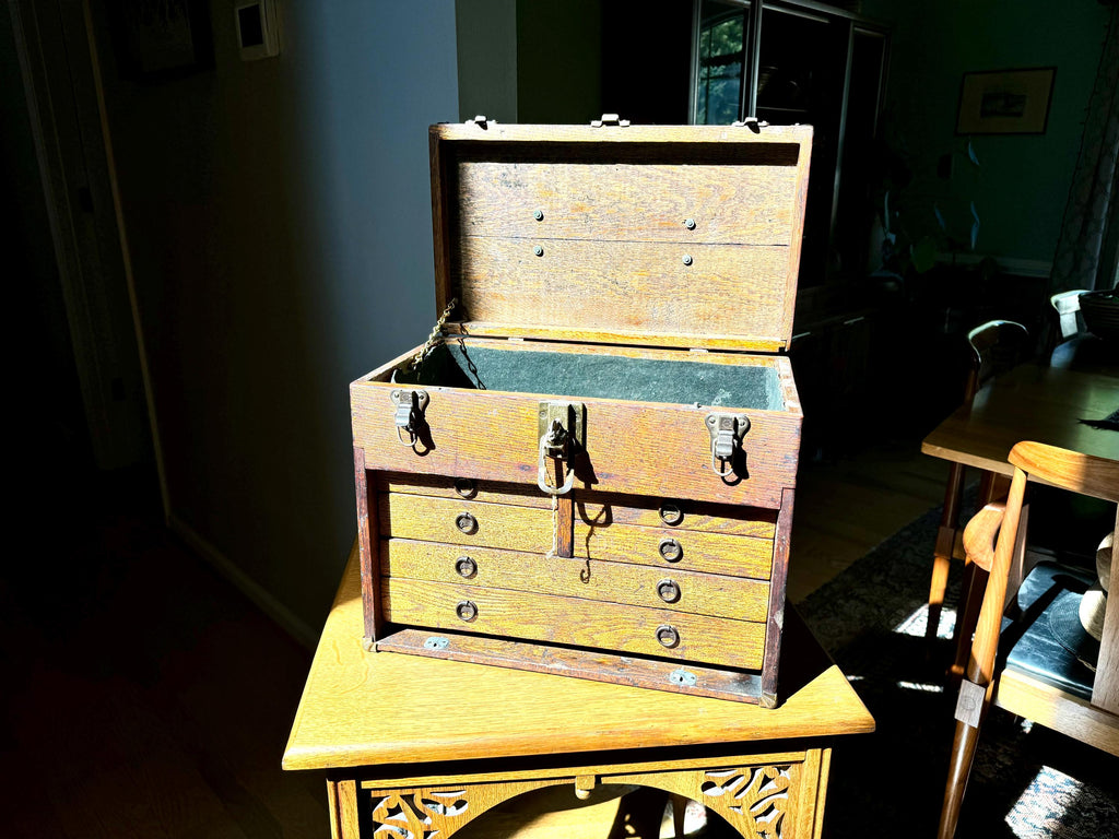 Antique Oak Machinist Tool Chest | Wooden Tool Chest | Oak Journeyman Chest | 6 Drawer Wood Toolbox Without Front Cover | Wood Tool Chest