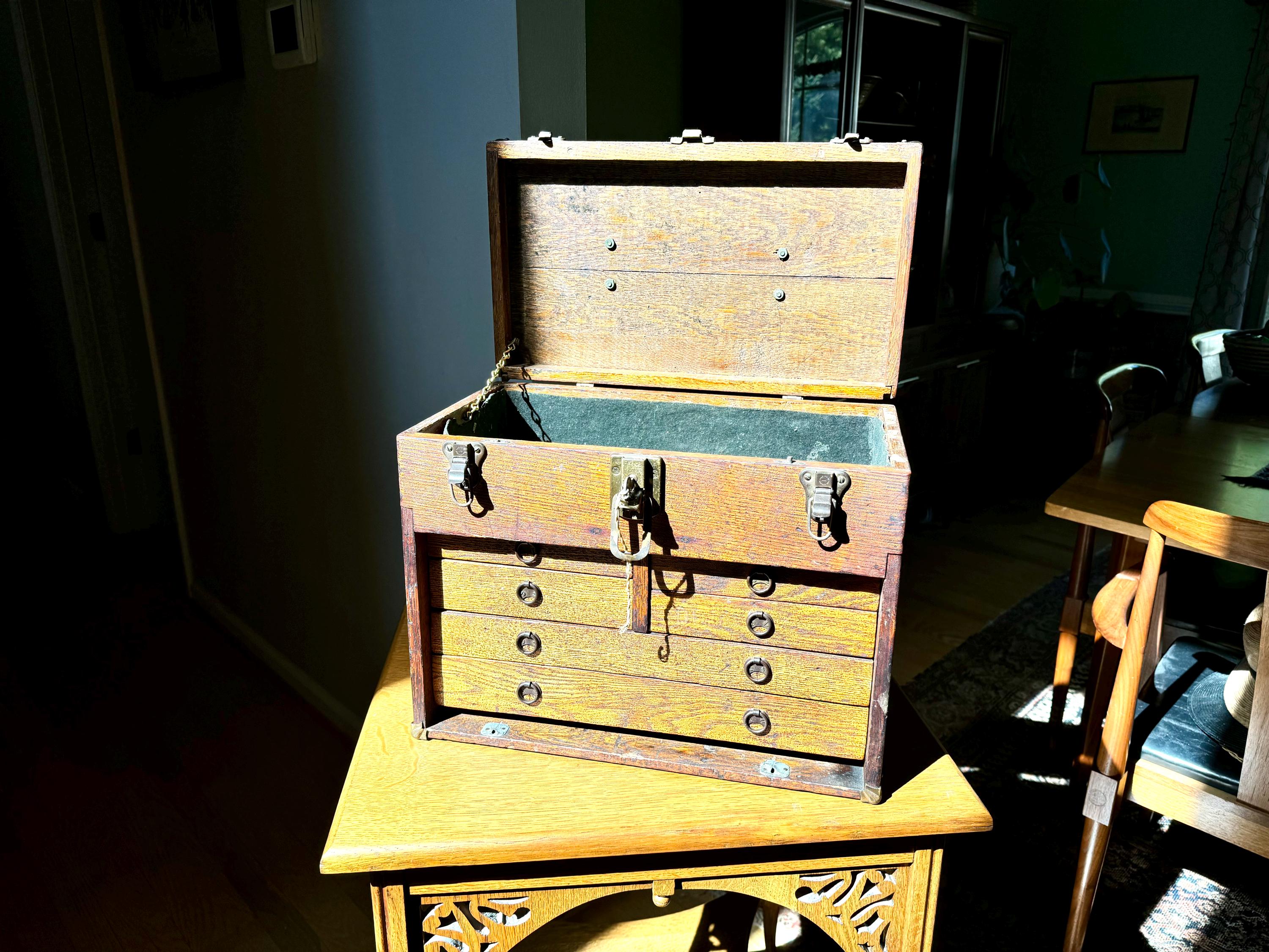 Antique Oak Machinist Tool Chest | Wooden Tool Chest | Oak Journeyman Chest | 6 Drawer Wood Toolbox Without Front Cover | Wood Tool Chest