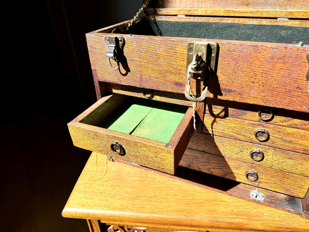 Antique Oak Machinist Tool Chest | Wooden Tool Chest | Oak Journeyman Chest | 6 Drawer Wood Toolbox Without Front Cover | Wood Tool Chest