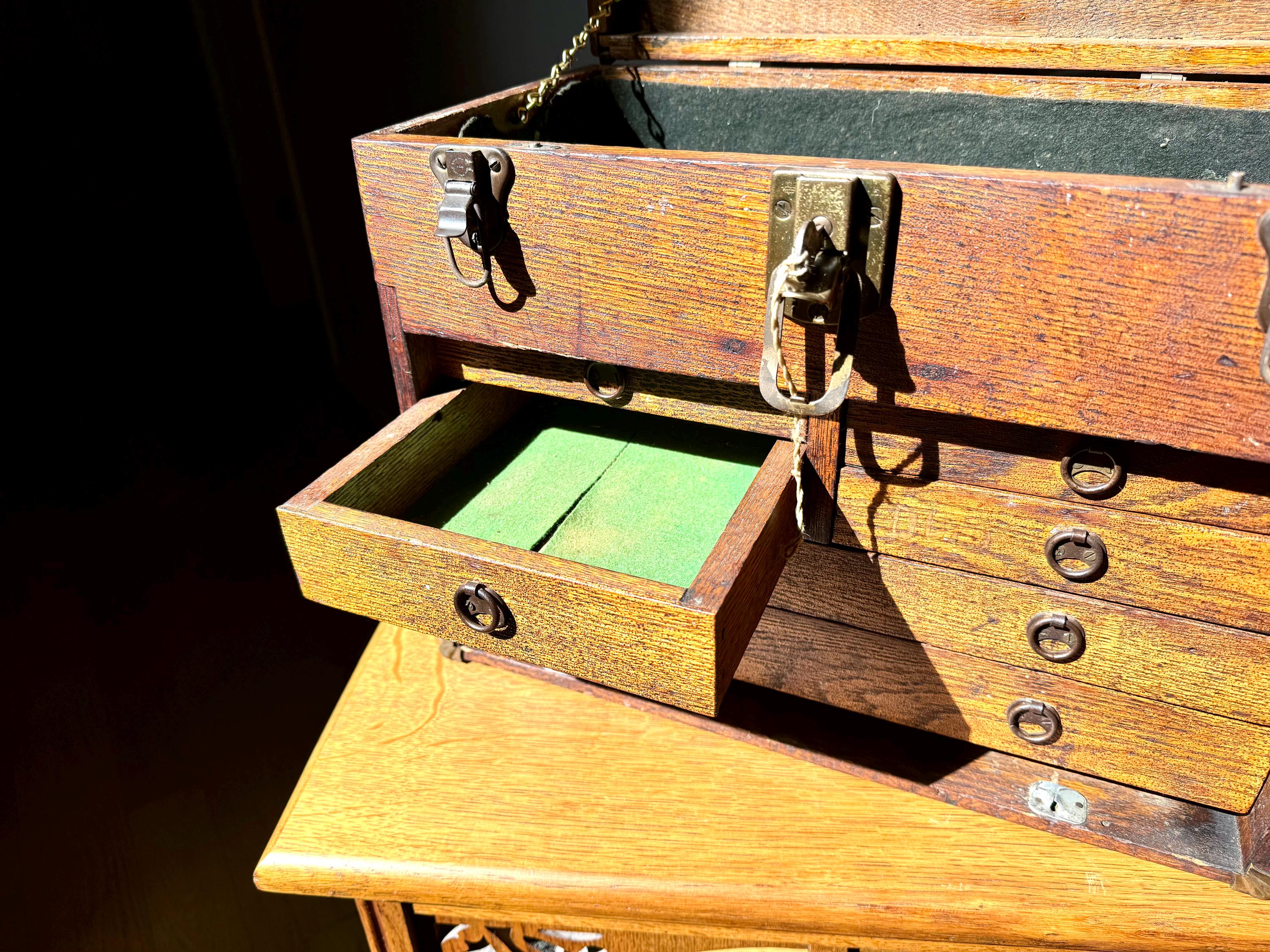 Antique Oak Machinist Tool Chest | Wooden Tool Chest | Oak Journeyman Chest | 6 Drawer Wood Toolbox Without Front Cover | Wood Tool Chest