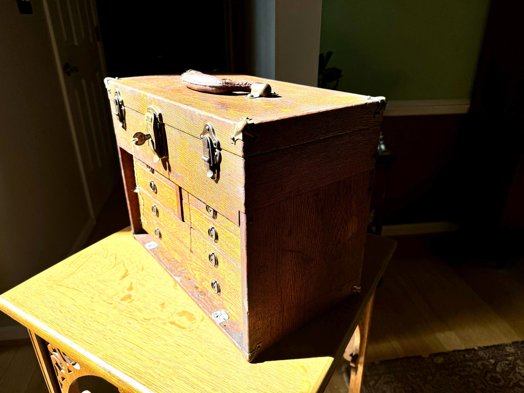 Antique Oak Machinist Tool Chest | Wooden Tool Chest | Oak Journeyman Chest | 6 Drawer Wood Toolbox Without Front Cover | Wood Tool Chest
