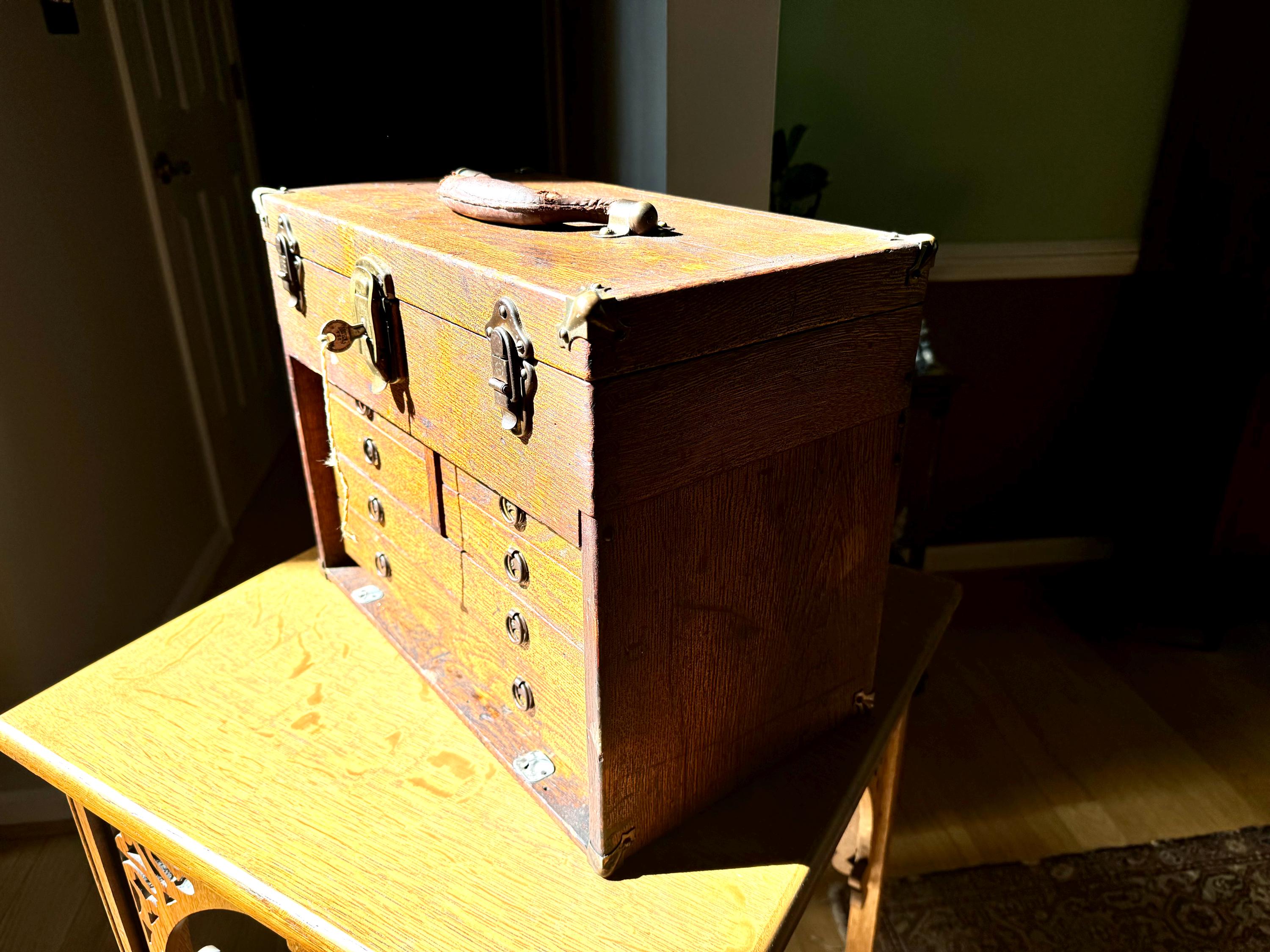 Antique Oak Machinist Tool Chest | Wooden Tool Chest | Oak Journeyman Chest | 6 Drawer Wood Toolbox Without Front Cover | Wood Tool Chest
