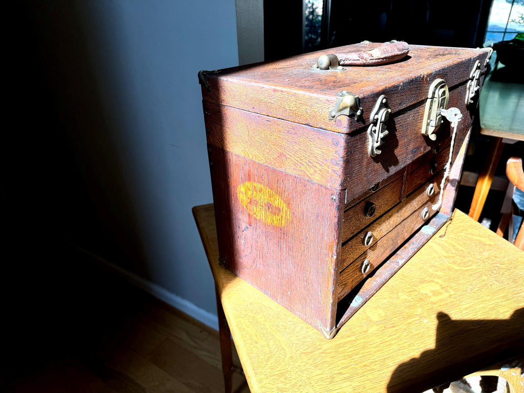 Antique Oak Machinist Tool Chest | Wooden Tool Chest | Oak Journeyman Chest | 6 Drawer Wood Toolbox Without Front Cover | Wood Tool Chest