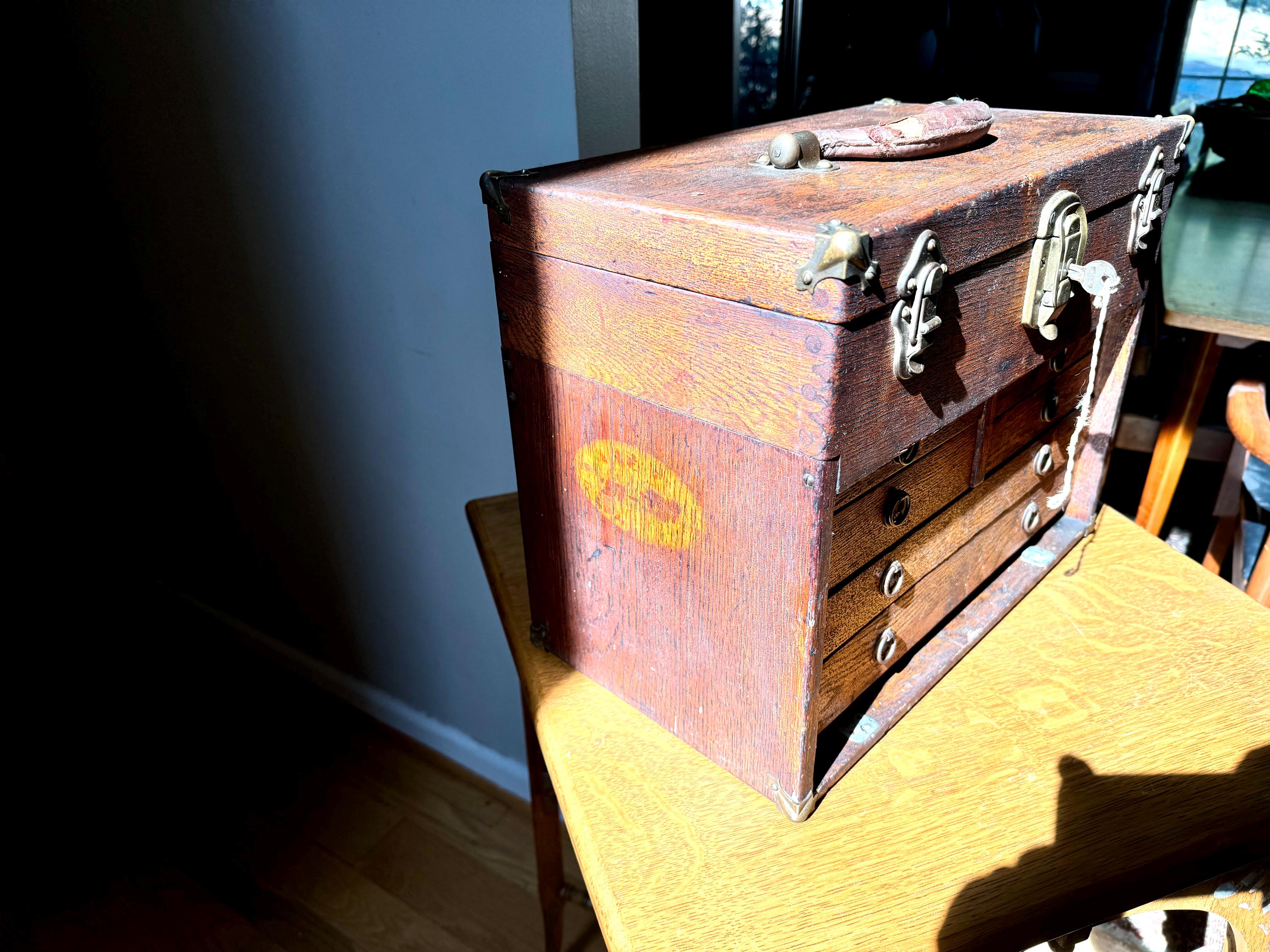 Antique Oak Machinist Tool Chest | Wooden Tool Chest | Oak Journeyman Chest | 6 Drawer Wood Toolbox Without Front Cover | Wood Tool Chest