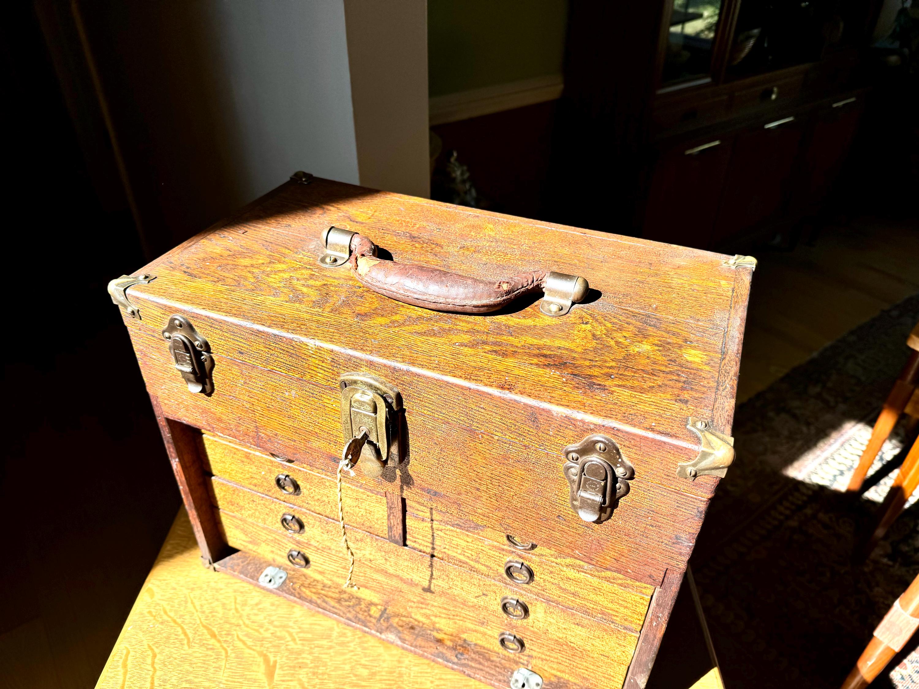 Antique Oak Machinist Tool Chest | Wooden Tool Chest | Oak Journeyman Chest | 6 Drawer Wood Toolbox Without Front Cover | Wood Tool Chest