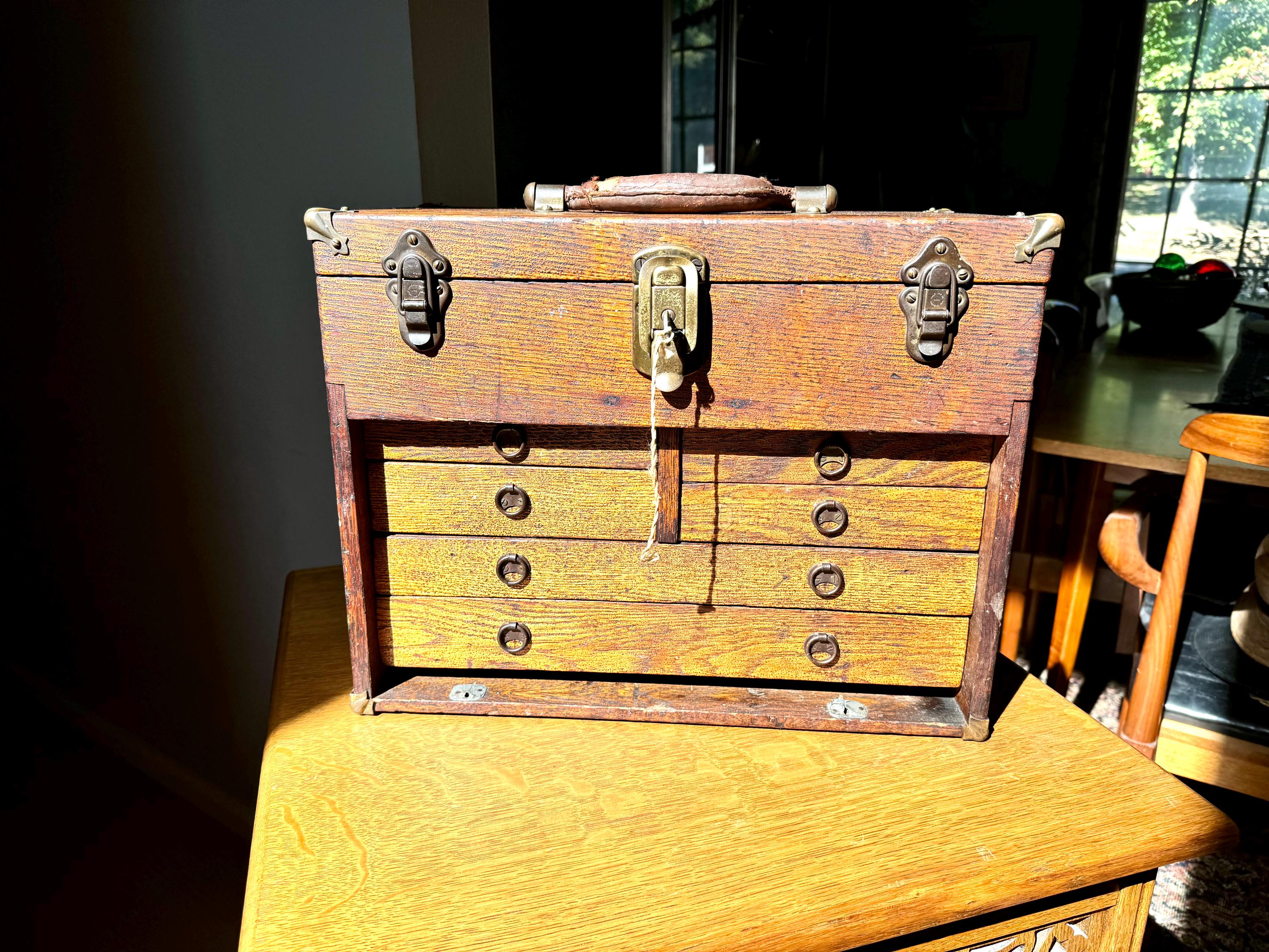 Antique Oak Machinist Tool Chest | Wooden Tool Chest | Oak Journeyman Chest | 6 Drawer Wood Toolbox Without Front Cover | Wood Tool Chest