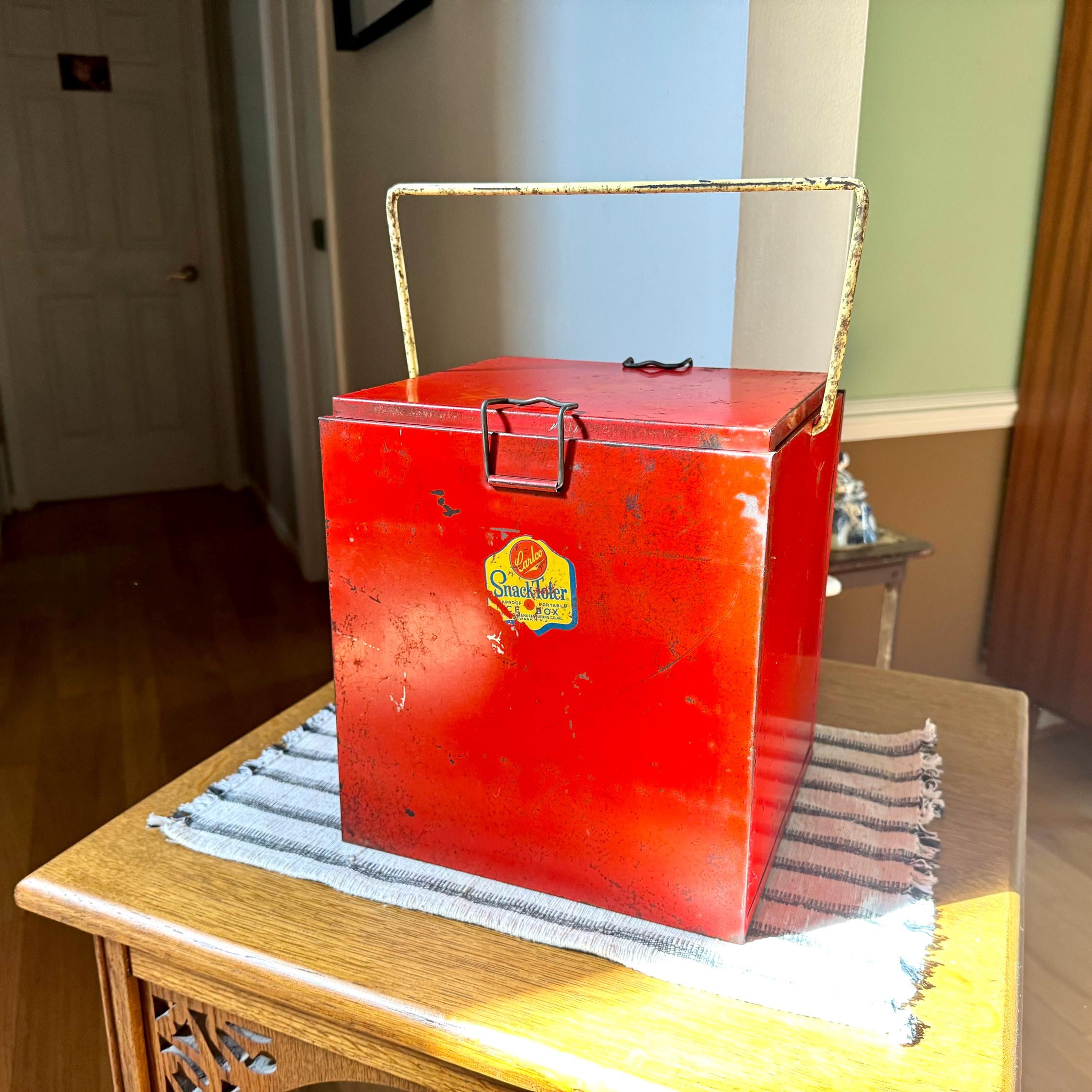 1950's Carlco Snack Toter Ice Box | Vintage Red Metal Ice Box | Insulated Metal Ice Box | Red and Yellow Metal Box with Handle
