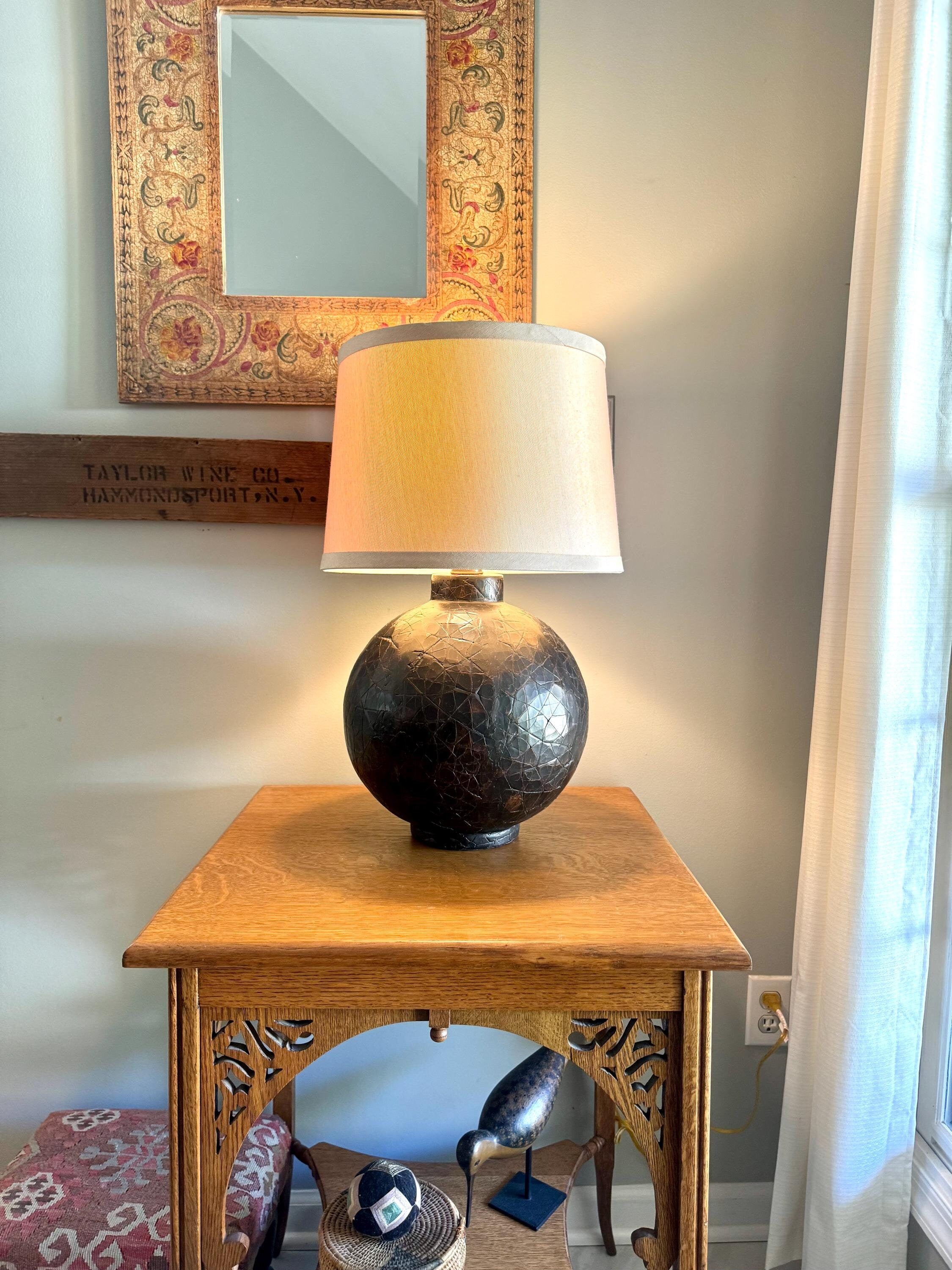 Vtg Ethan Allen Textured Orb Lamp | Large Textured Brown Orb Lamp | Round Textured Ethan Allen Table Lamp