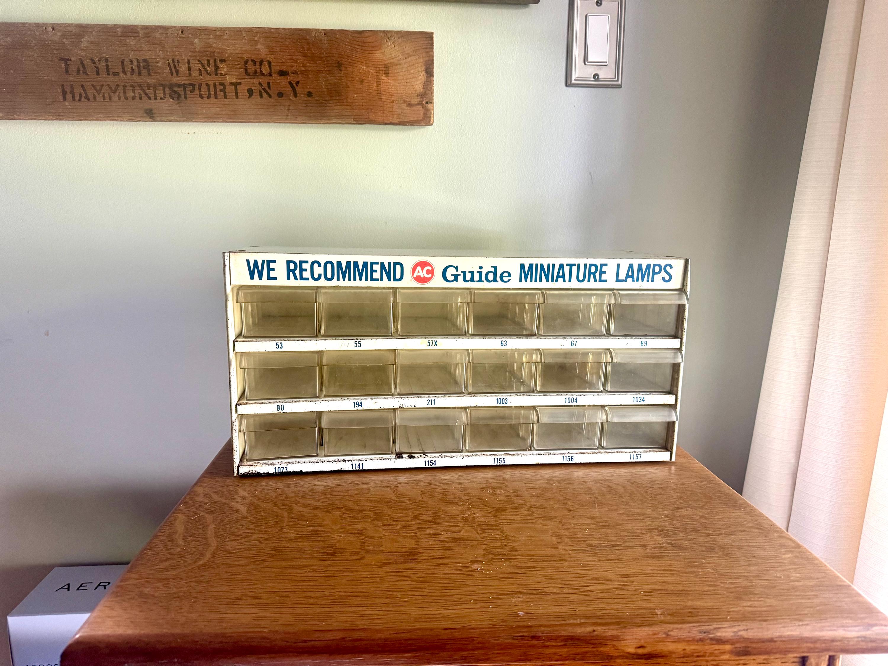 A Metal AC Delco Miniture Light Bulb Cabinet| GM Ac Delco Metal Parts Cabinet | Automotive Advertisement Bin | Vintage Automotive Lamp Cabinet