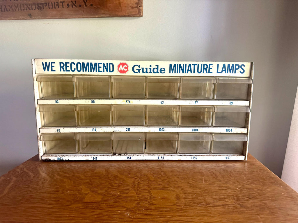 A Metal AC Delco Miniture Light Bulb Cabinet| GM Ac Delco Metal Parts Cabinet | Automotive Advertisement Bin | Vintage Automotive Lamp Cabinet