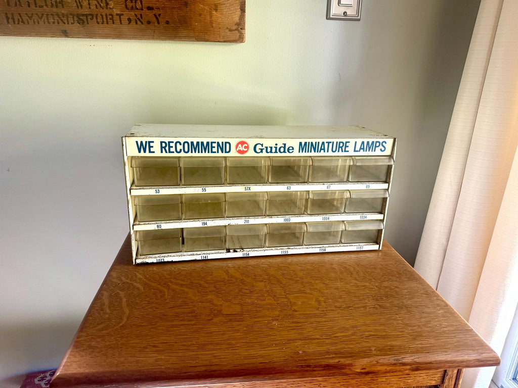 A Metal AC Delco Miniture Light Bulb Cabinet| GM Ac Delco Metal Parts Cabinet | Automotive Advertisement Bin | Vintage Automotive Lamp Cabinet