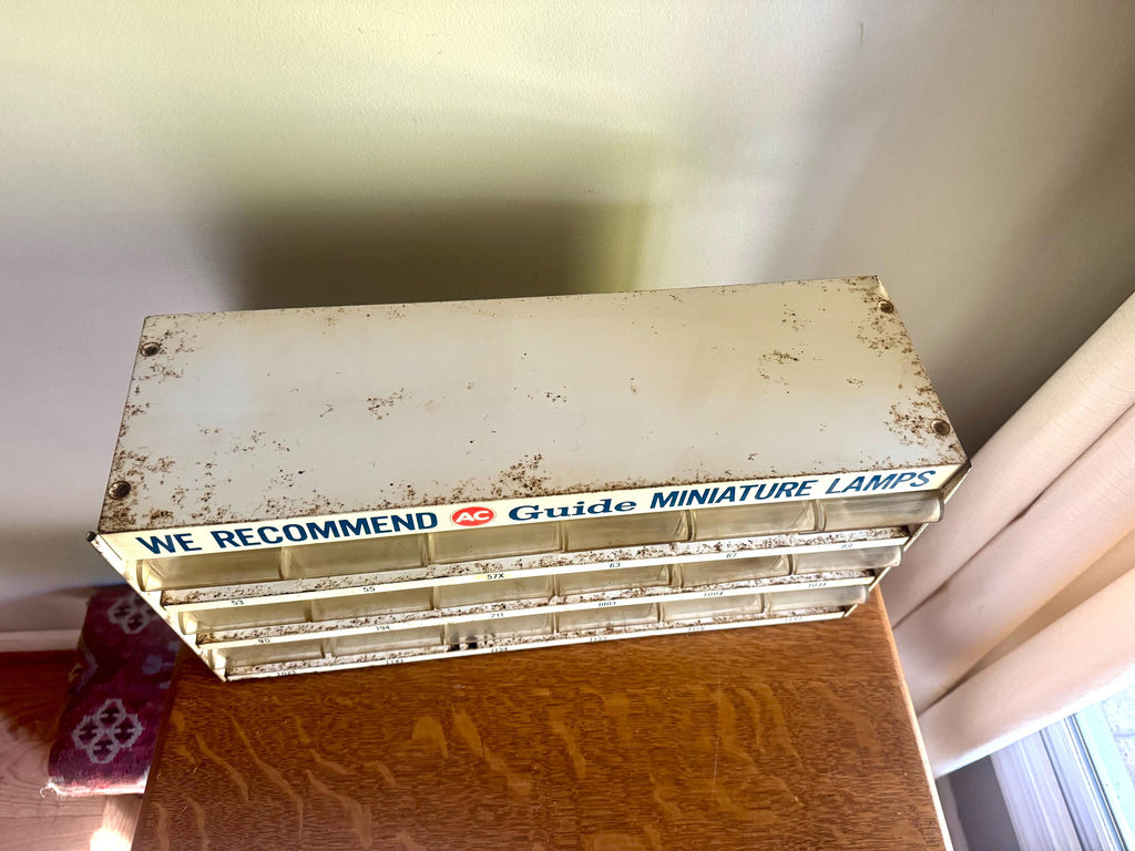 A Metal AC Delco Miniture Light Bulb Cabinet| GM Ac Delco Metal Parts Cabinet | Automotive Advertisement Bin | Vintage Automotive Lamp Cabinet