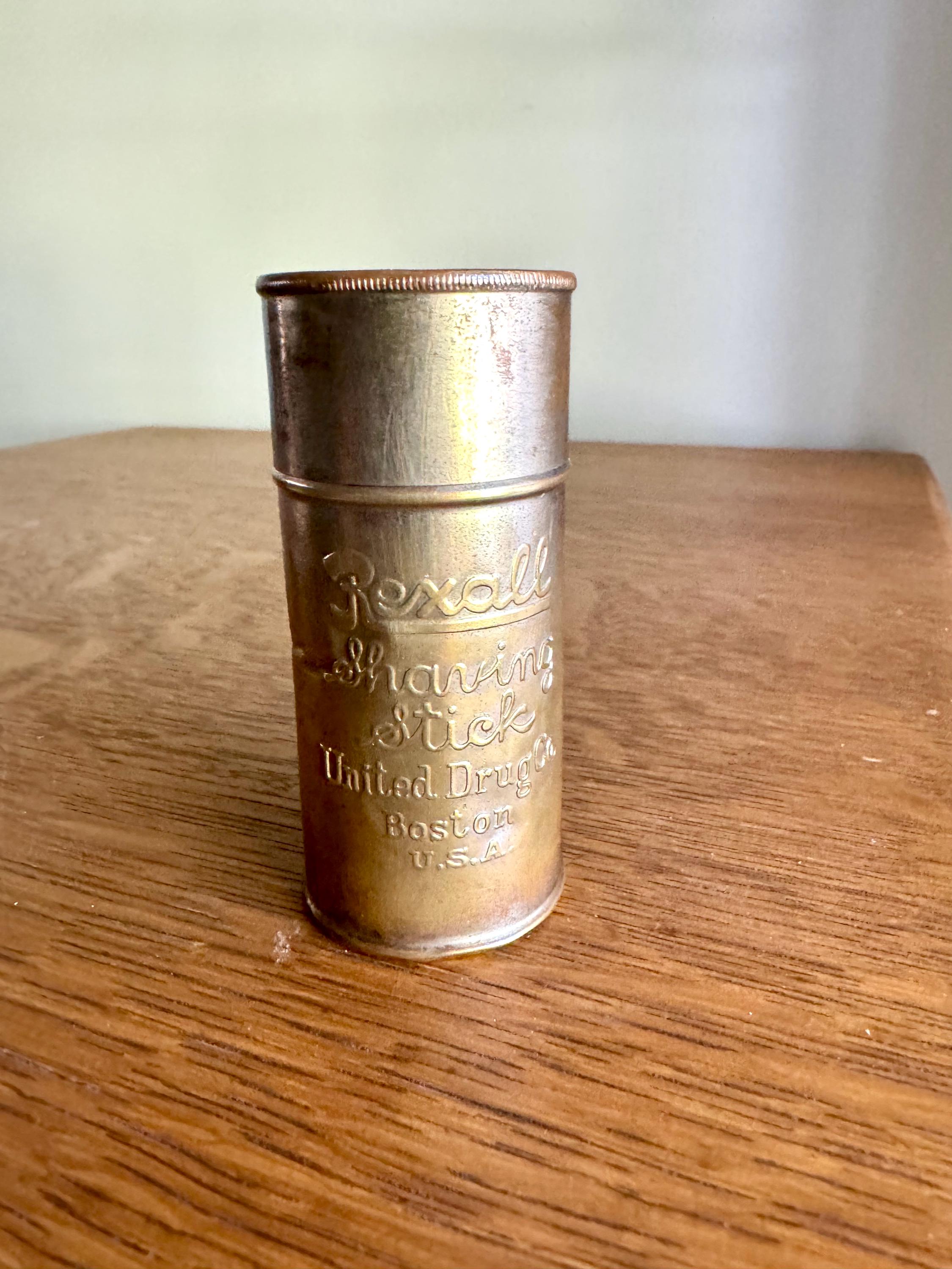 Antique Rexall Shaving Stick Tin | Distressed Gold Toned Rexall Shaving Stick Tin | United Drug Company Tin | Advertisement Storage Tin