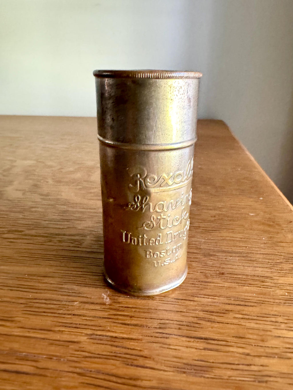 Antique Rexall Shaving Stick Tin | Distressed Gold Toned Rexall Shaving Stick Tin | United Drug Company Tin | Advertisement Storage Tin
