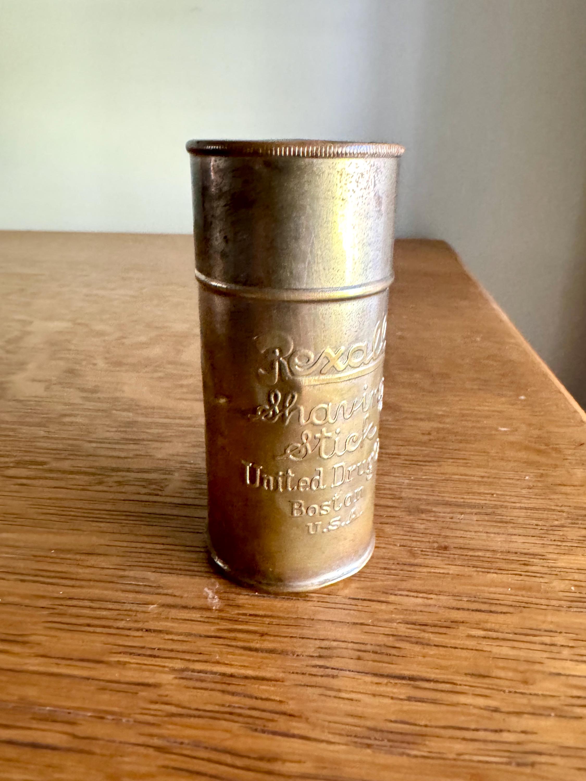 Antique Rexall Shaving Stick Tin | Distressed Gold Toned Rexall Shaving Stick Tin | United Drug Company Tin | Advertisement Storage Tin