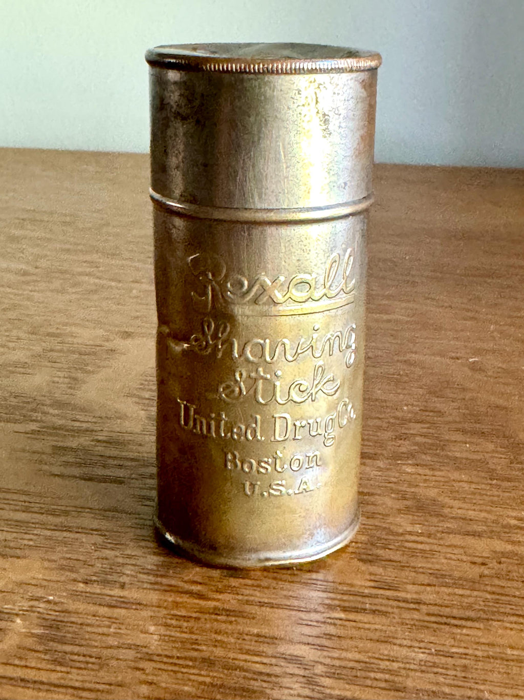 Antique Rexall Shaving Stick Tin | Distressed Gold Toned Rexall Shaving Stick Tin | United Drug Company Tin | Advertisement Storage Tin