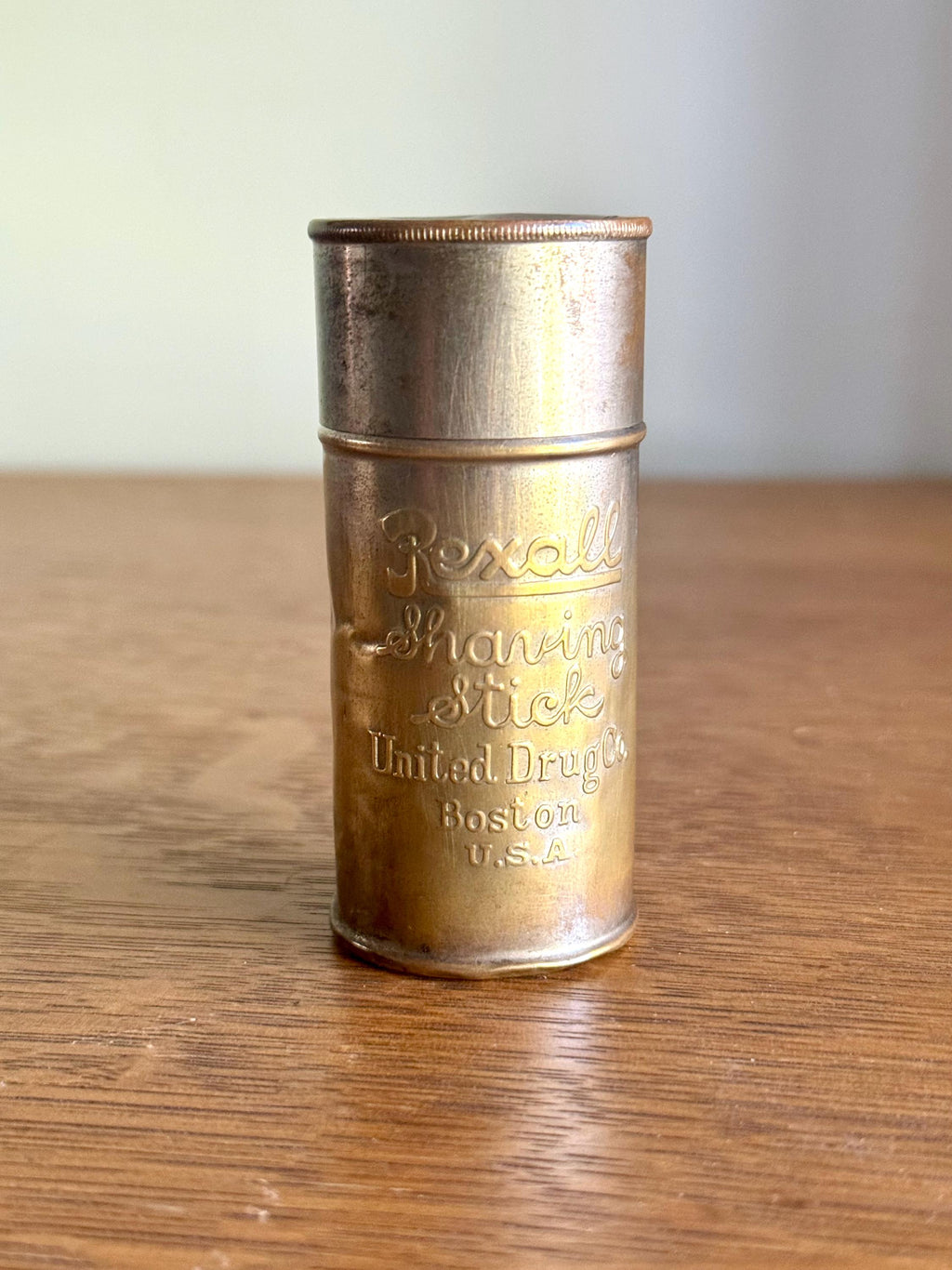 Antique Rexall Shaving Stick Tin | Distressed Gold Toned Rexall Shaving Stick Tin | United Drug Company Tin | Advertisement Storage Tin