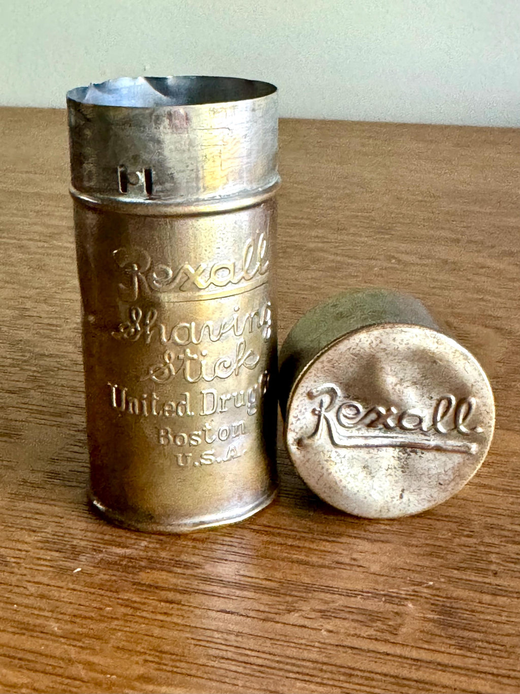 Antique Rexall Shaving Stick Tin | Distressed Gold Toned Rexall Shaving Stick Tin | United Drug Company Tin | Advertisement Storage Tin