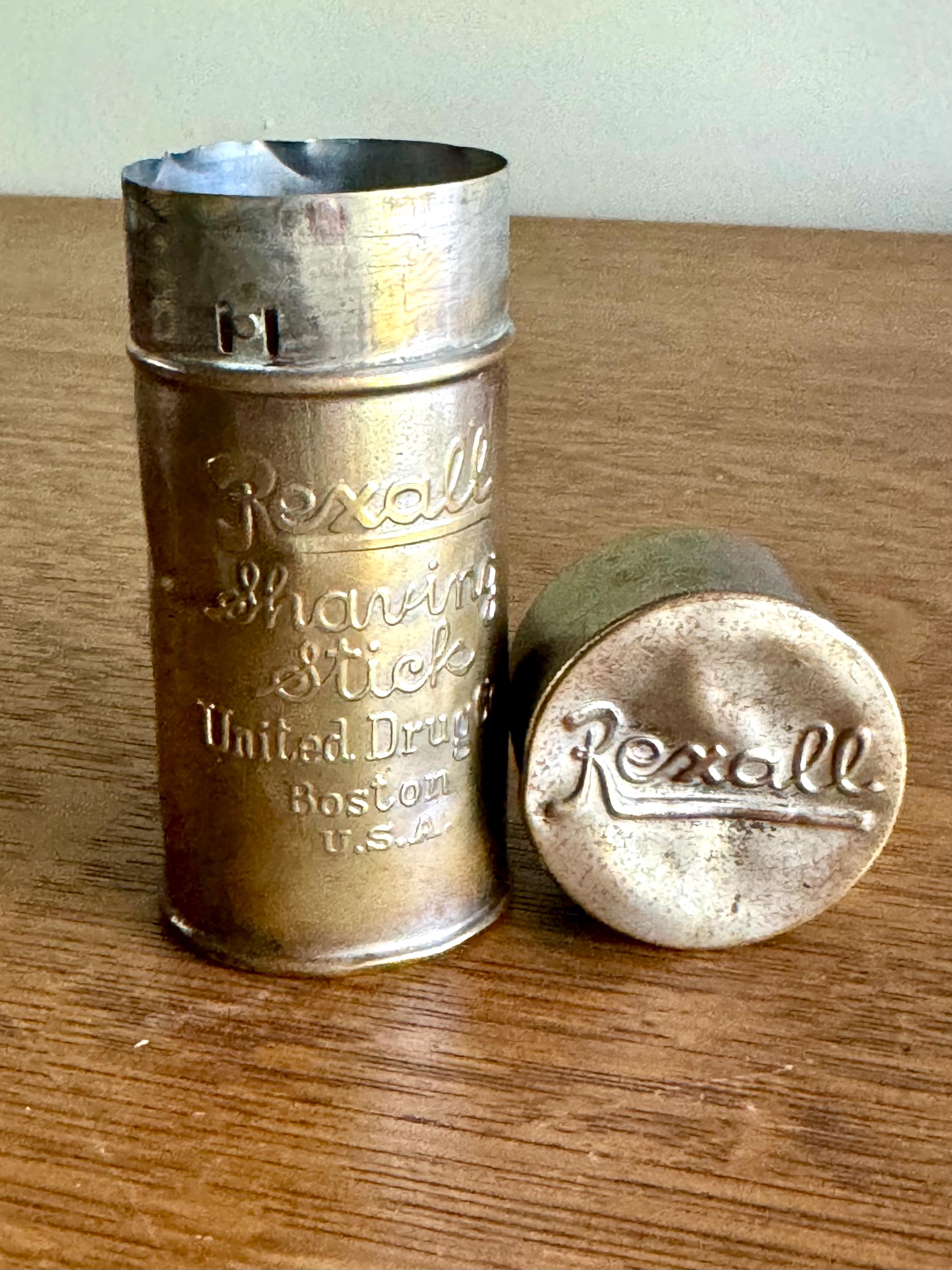 Antique Rexall Shaving Stick Tin | Distressed Gold Toned Rexall Shaving Stick Tin | United Drug Company Tin | Advertisement Storage Tin