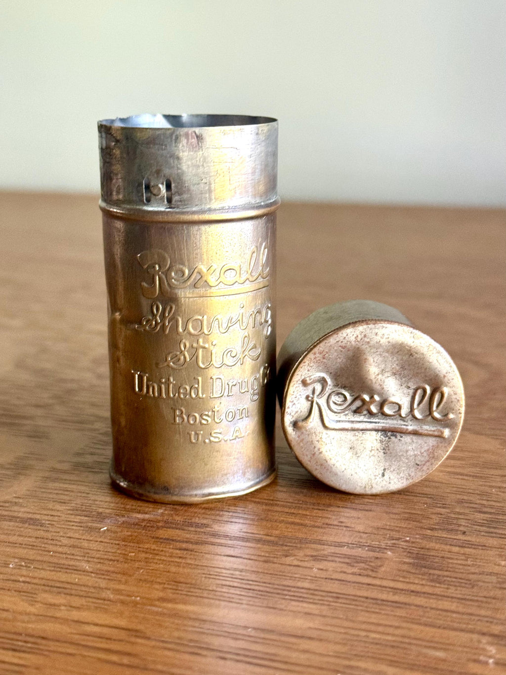 Antique Rexall Shaving Stick Tin | Distressed Gold Toned Rexall Shaving Stick Tin | United Drug Company Tin | Advertisement Storage Tin