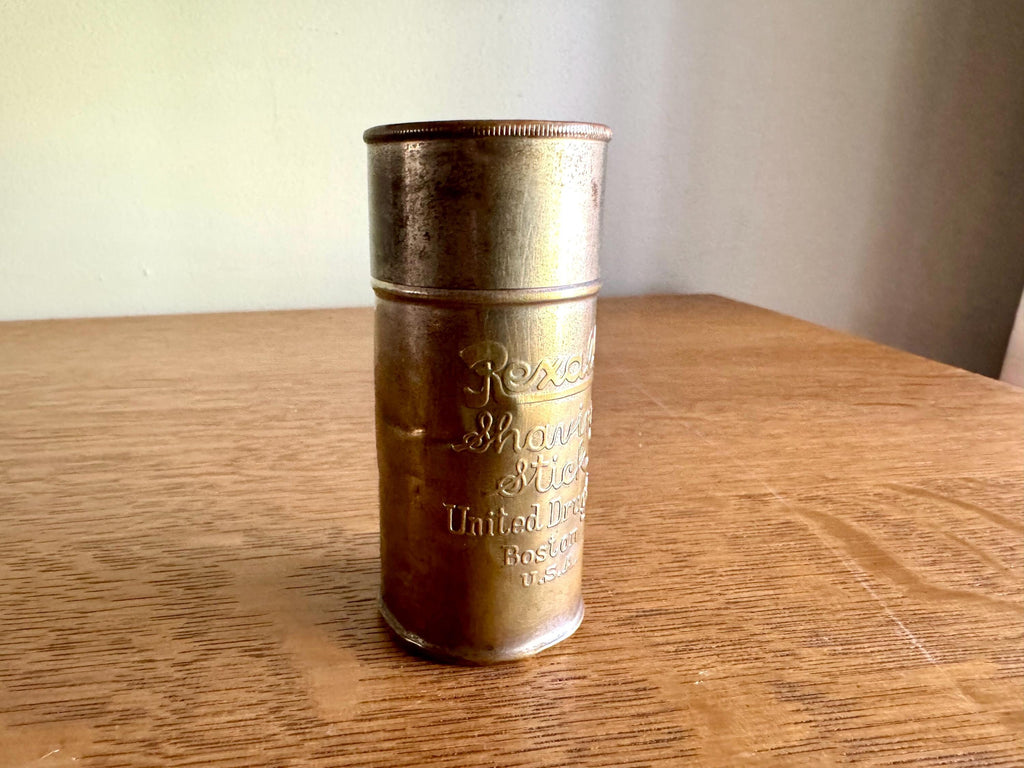 Antique Rexall Shaving Stick Tin | Distressed Gold Toned Rexall Shaving Stick Tin | United Drug Company Tin | Advertisement Storage Tin