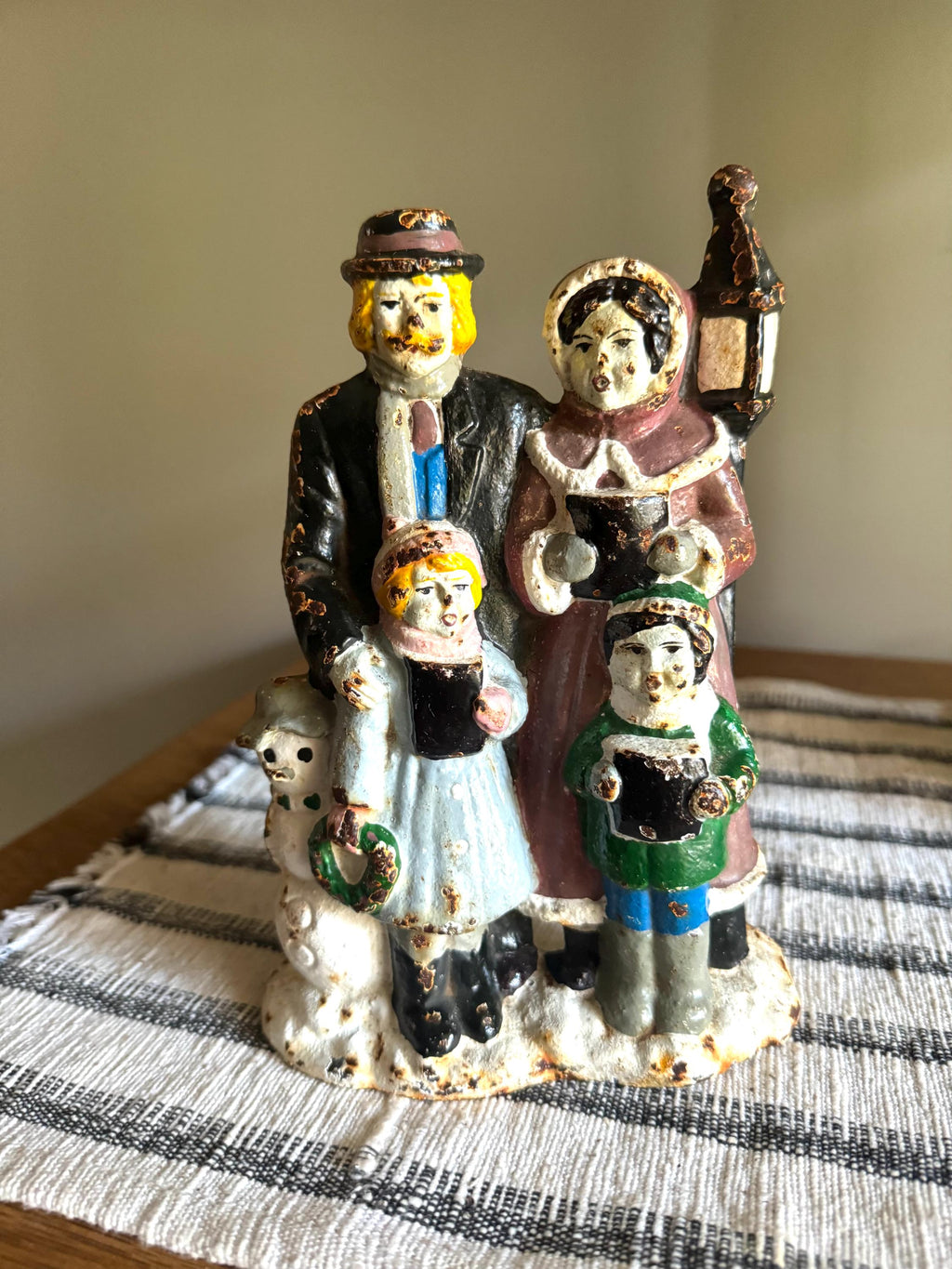 Vtg Big Arrow Cast Iron Christmas Caroler Door Stop | Distressed Paint Cast Iron Caroler Door Stop | Rustic Christmas Decor Door Stop