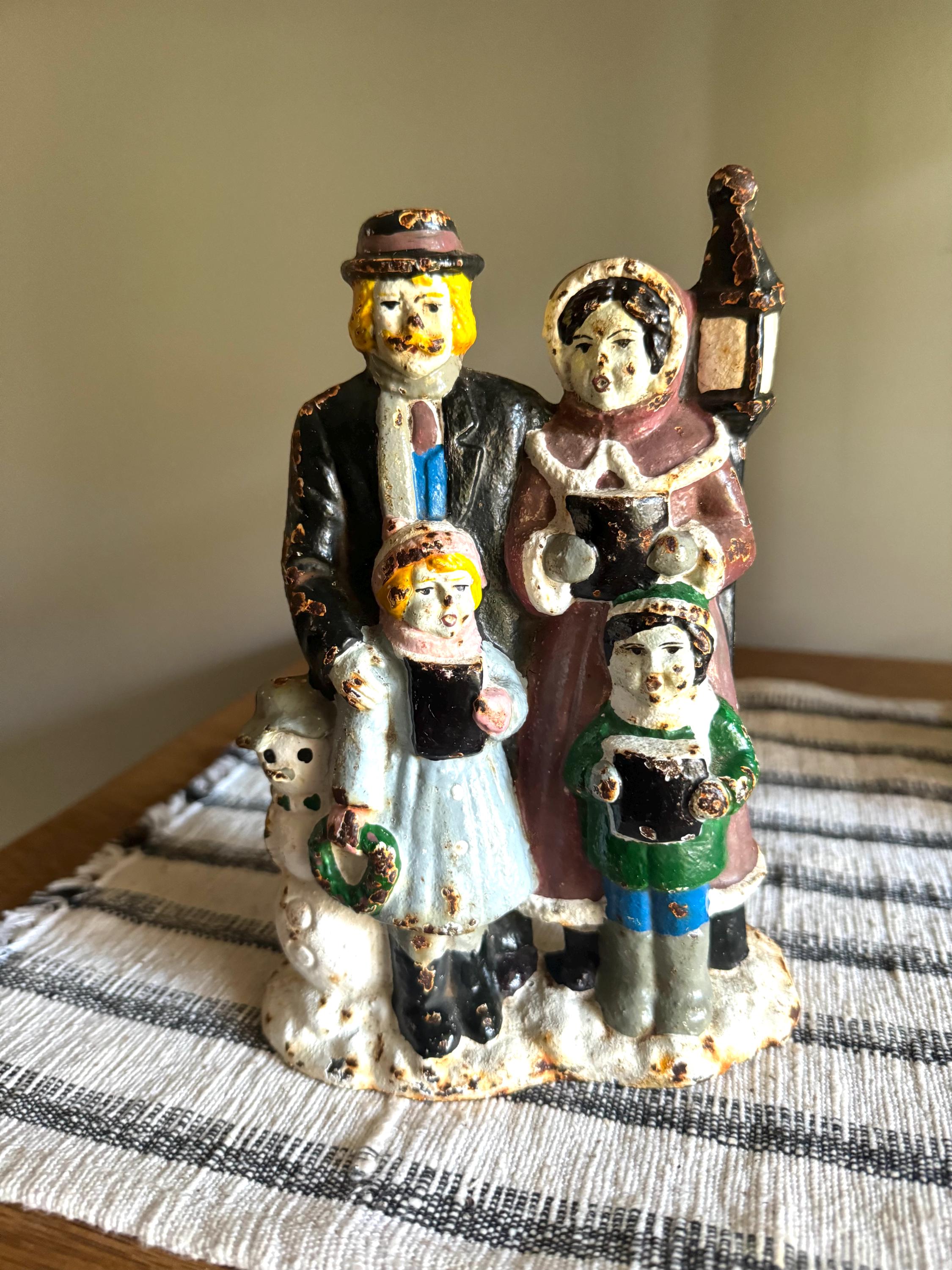 Vtg Big Arrow Cast Iron Christmas Caroler Door Stop | Distressed Paint Cast Iron Caroler Door Stop | Rustic Christmas Decor Door Stop