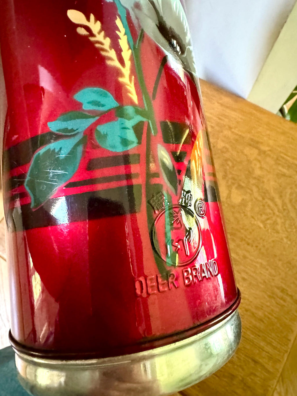 Vtg Deer Brand Thermos Bottle | Large Red Deer Brand Thermos | Vtg Floral Thermos | Aluminum Deer Brand Thermos