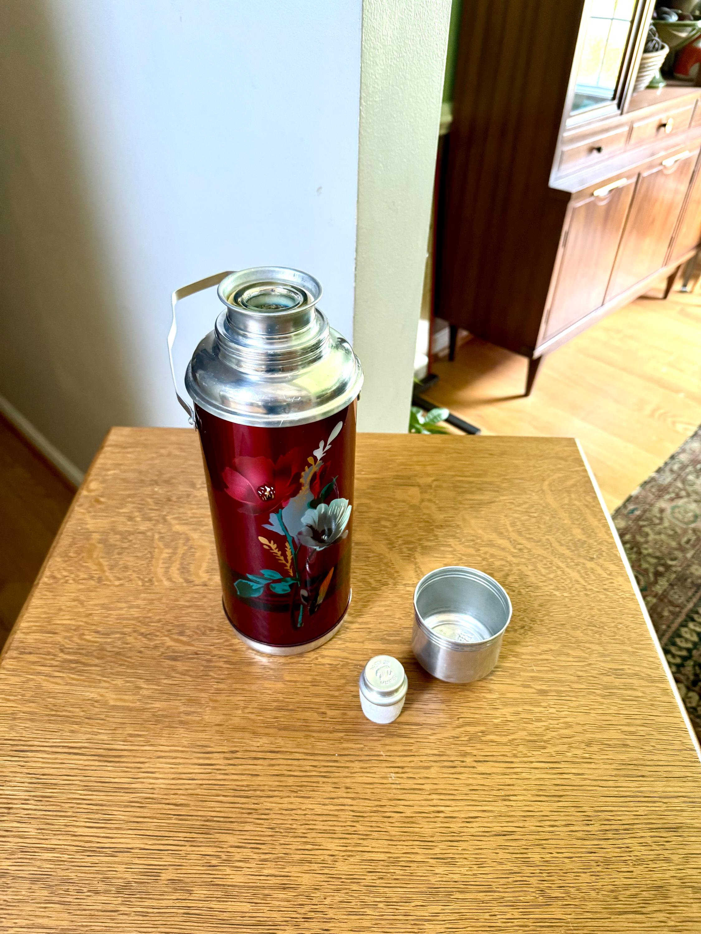 Vtg Deer Brand Thermos Bottle | Large Red Deer Brand Thermos | Vtg Floral Thermos | Aluminum Deer Brand Thermos
