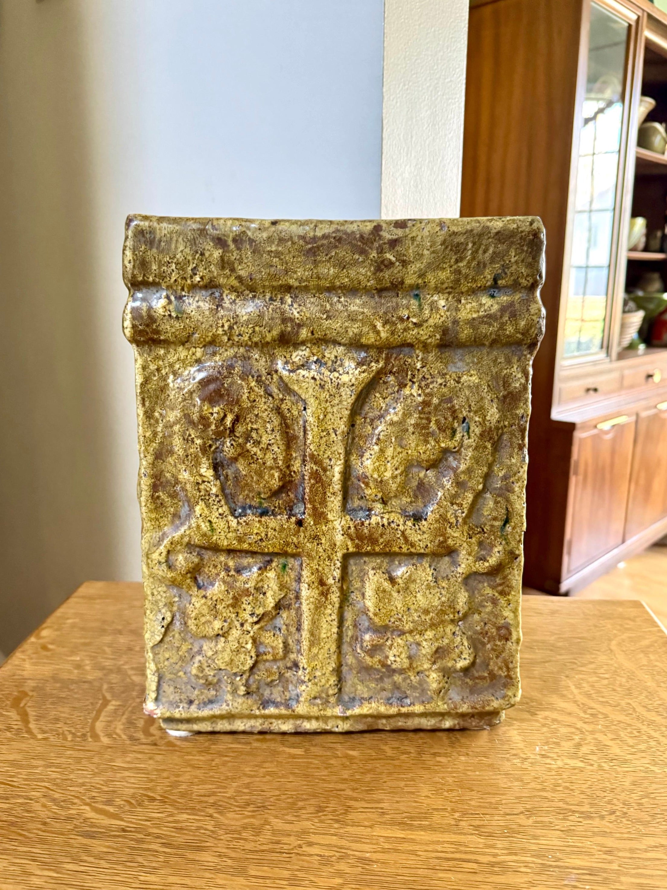 Large Square Ceramic Planter| Medieval Style Plant Vessel| Ceramic Cross Planter| Large English Crest Planter| 13" Tall English Ceramic Pot
