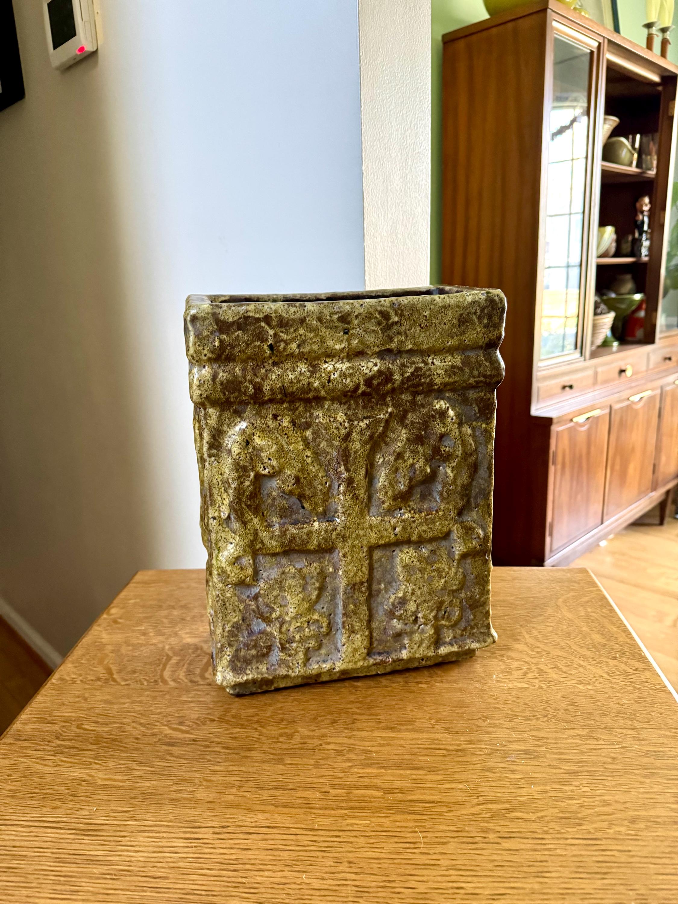 Large Square Ceramic Planter| Medieval Style Plant Vessel| Ceramic Cross Planter| Large English Crest Planter| 13" Tall English Ceramic Pot