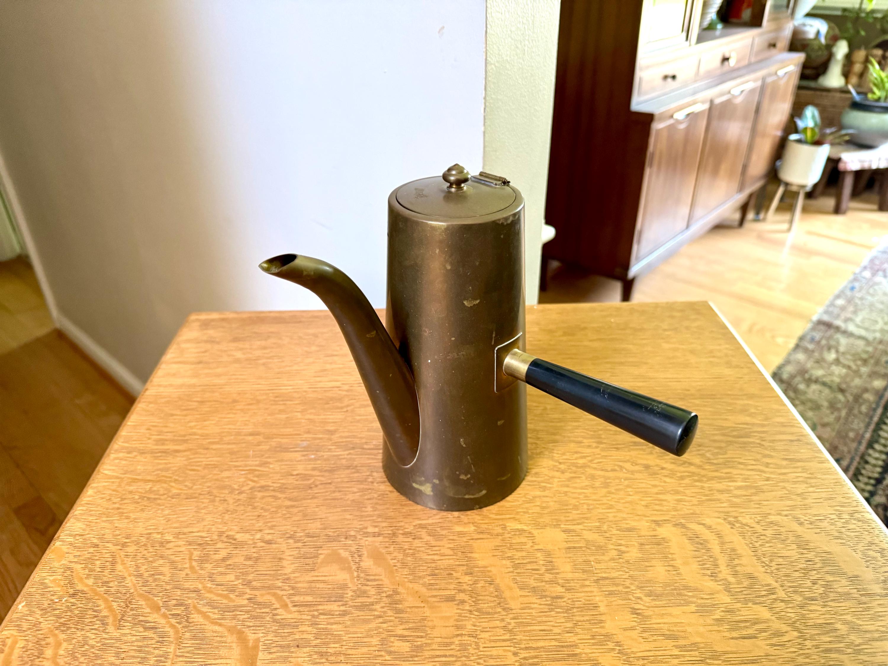 Vtg Turkish Style Brass Tea Pot | Mid Century Modern Brass Tea Server with Wood Handle | Brass Middle Eastern Coffee Po