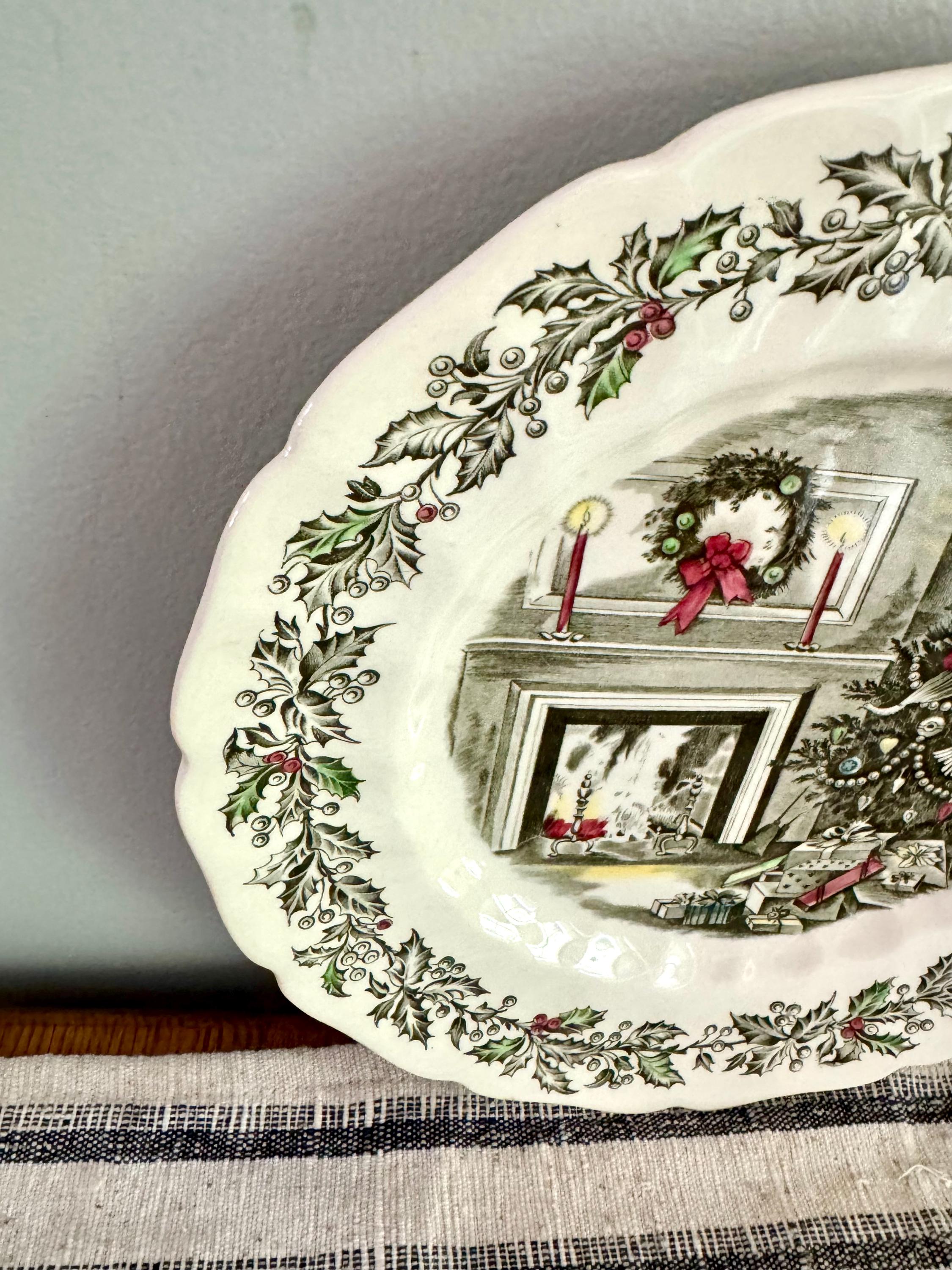 Vtg Johnson Bros. Christmas Serving Plate | 1950's English Hand Engraved Christmas Scene Plate