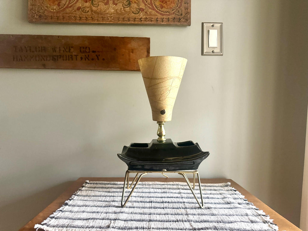Fiberglass Bullet Shade Ceramic Lamp | Black Ceramic Planter Lamp | Fiberglass Cone Lamp | Atomic Vanity Lamp | Art Decor Accent Lamp