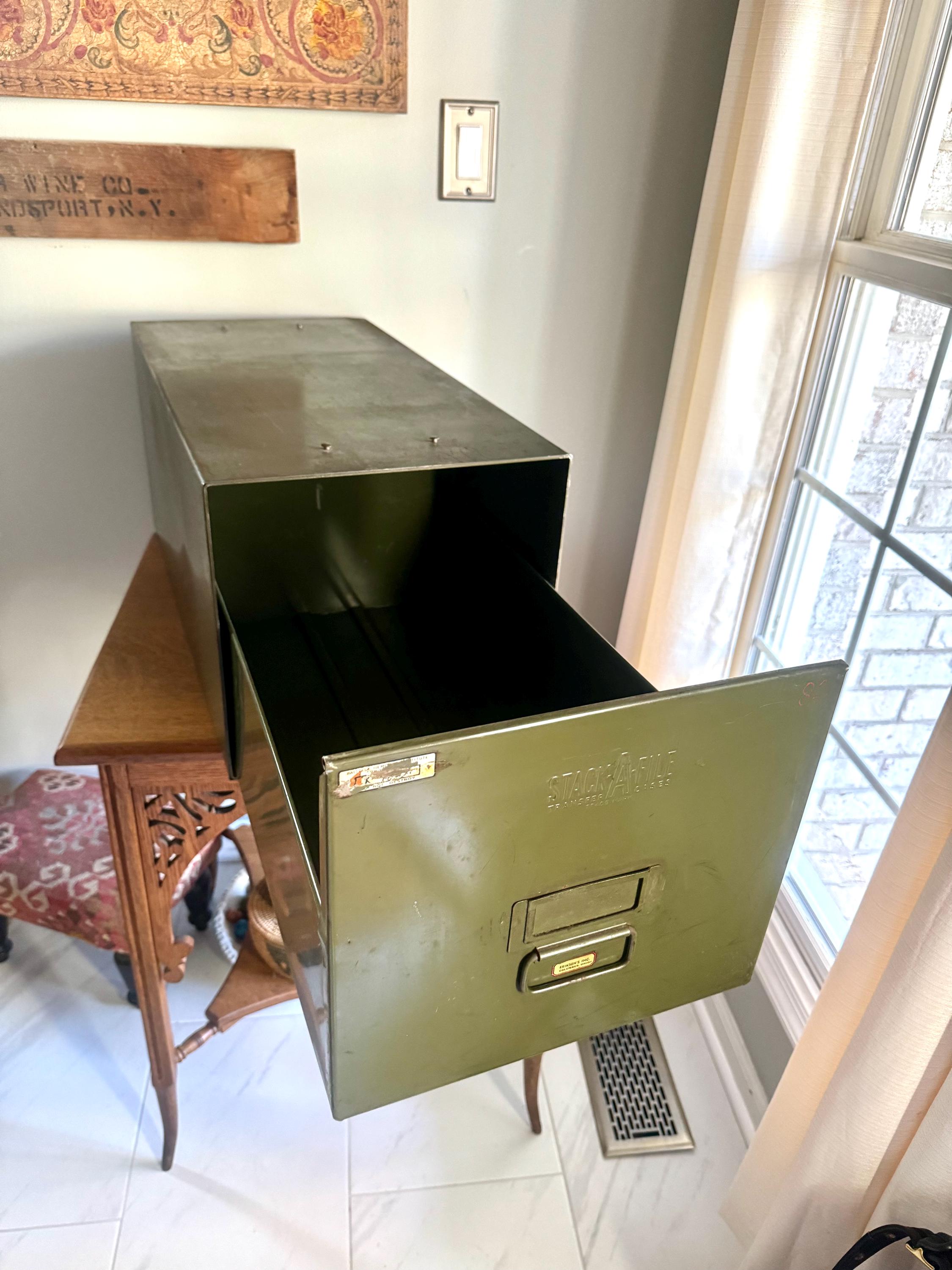 Vtg Industrial Metal Cabinets | 1 Stack-A-File Green Cabinet| 1 Large Stackable File Bin | 1 Industrial Storage Organizers (4 available)