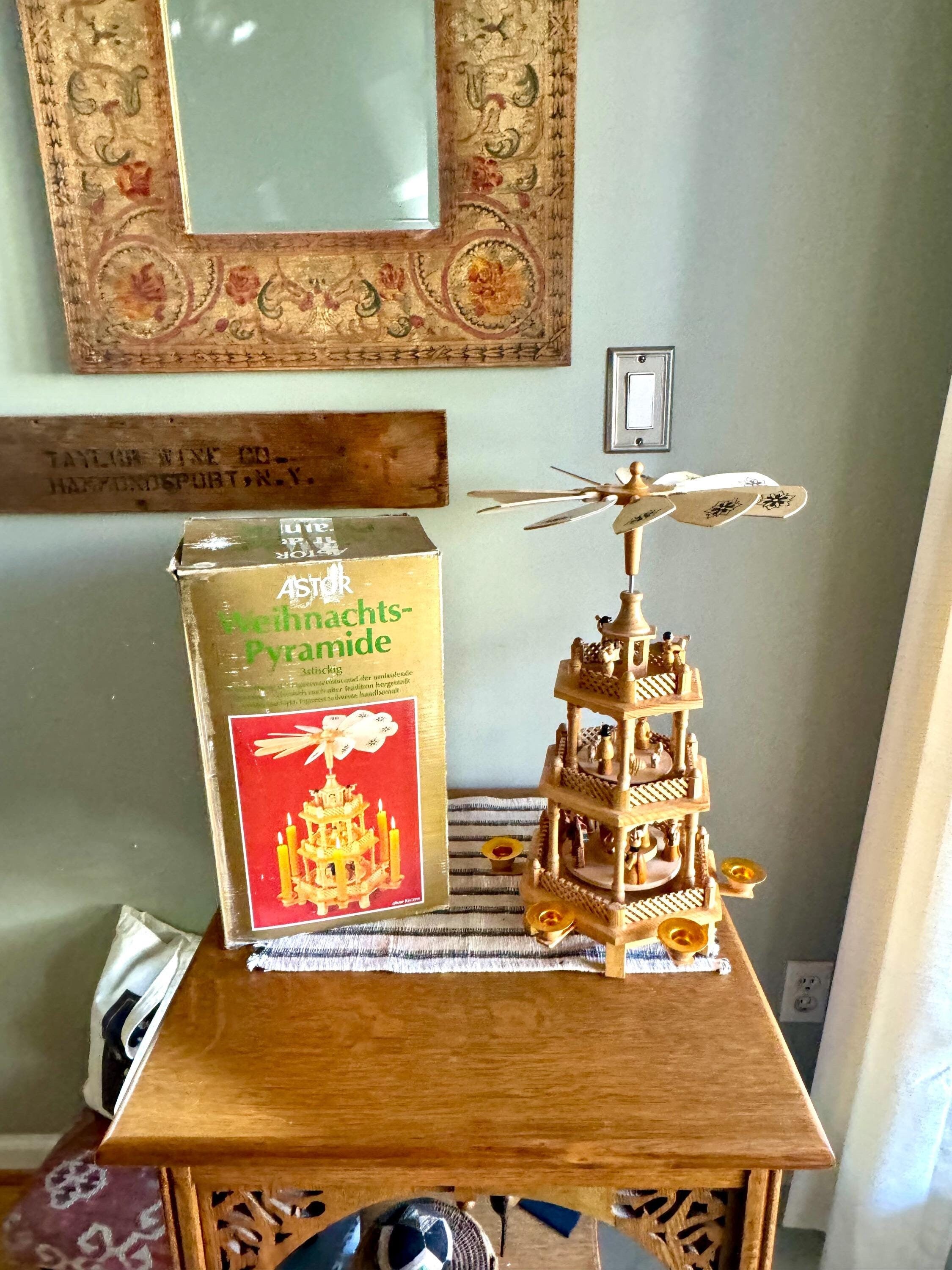 Vtg Astor Weihnachts Pyramide Tiered Carousel | Tradition German Style Holiday Tiered Carousel | 3 Tiered Erzgebirge Christmas Pyramid