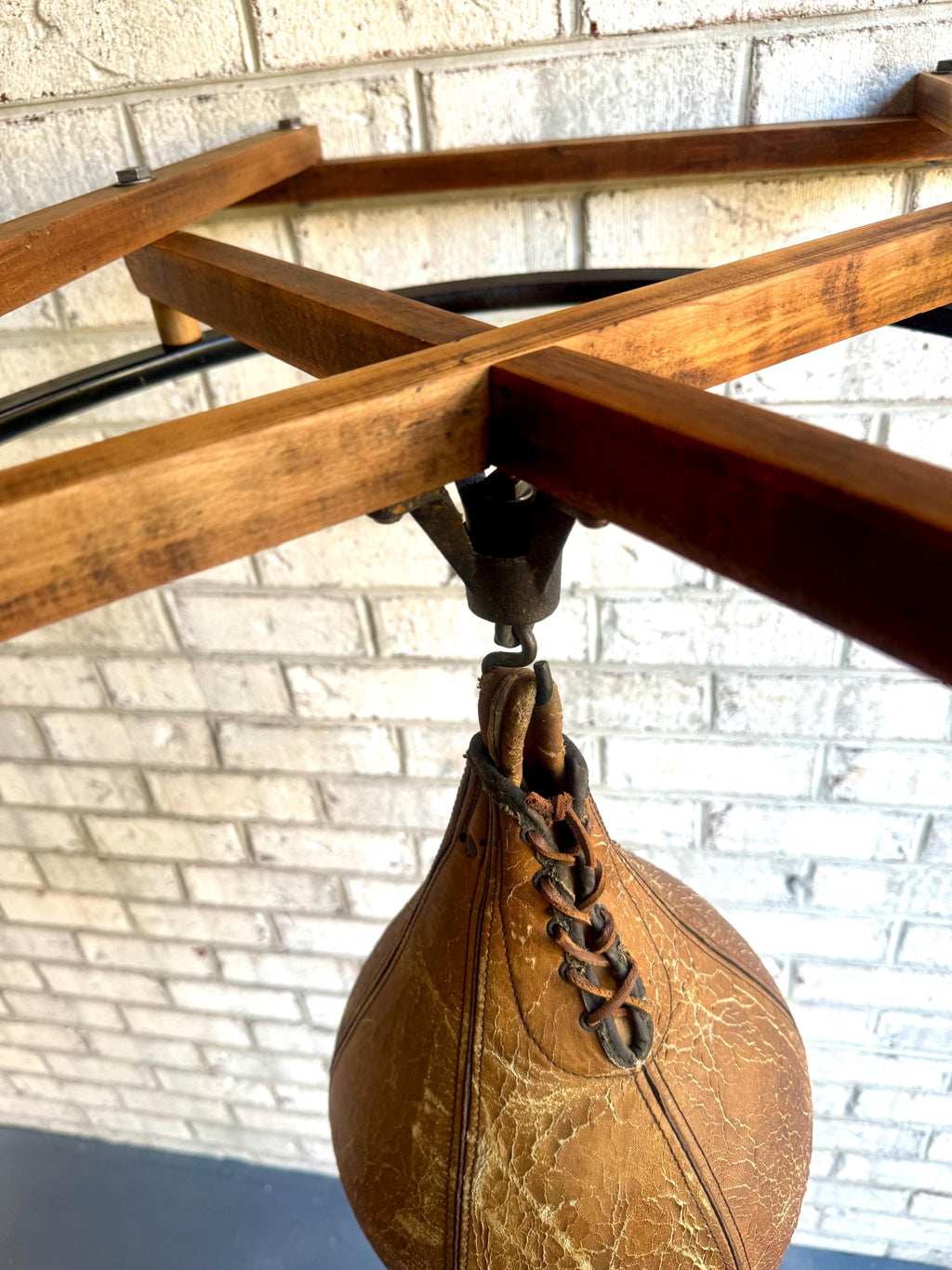A Vtg Wall Mounted Boxing Speed Bag | Wood Frame and Leather Speed Bag | Antique Boxing Training Bag | Distressed Leather Speed Bag