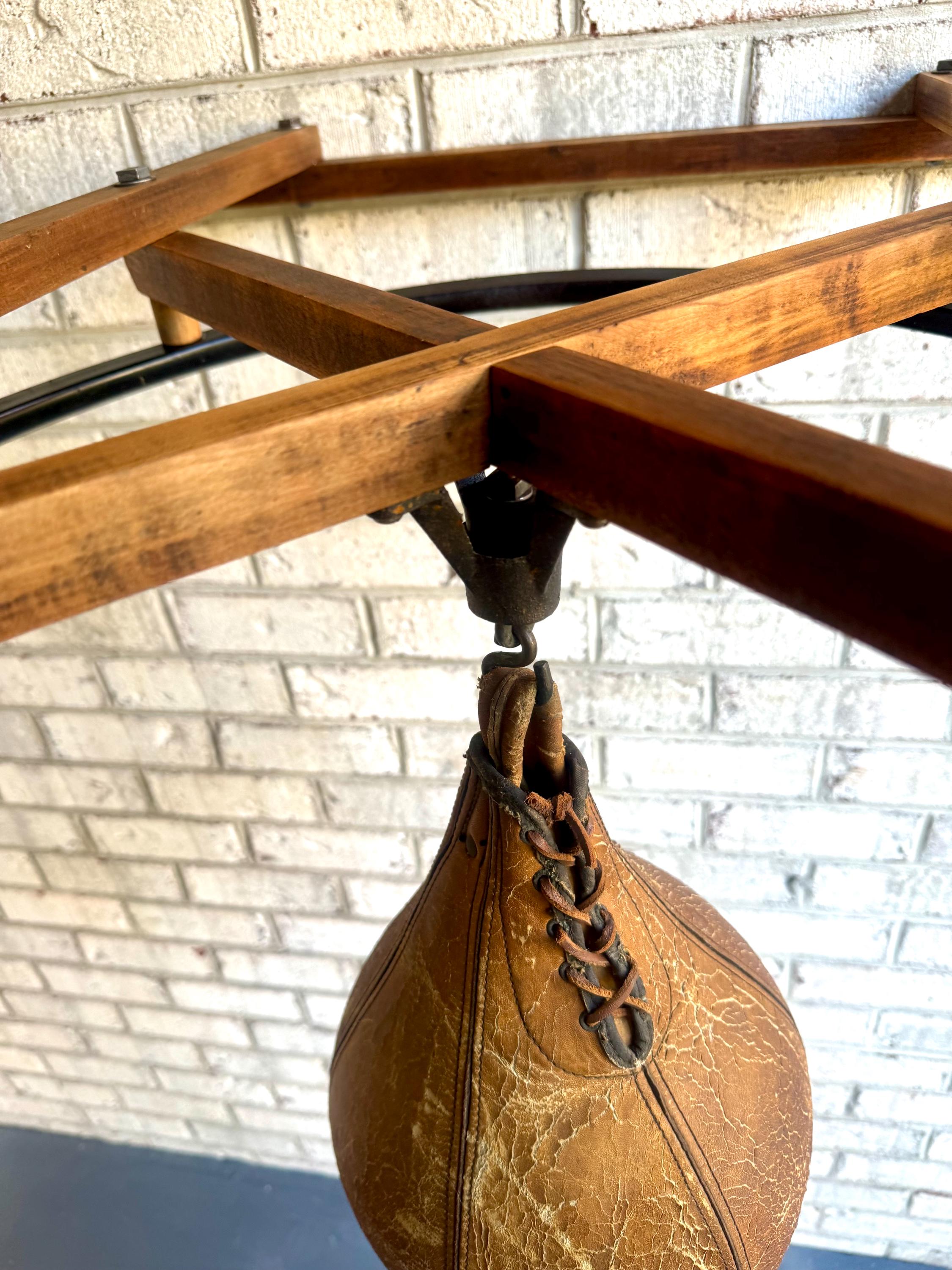 A Vtg Wall Mounted Boxing Speed Bag | Wood Frame and Leather Speed Bag | Antique Boxing Training Bag | Distressed Leather Speed Bag
