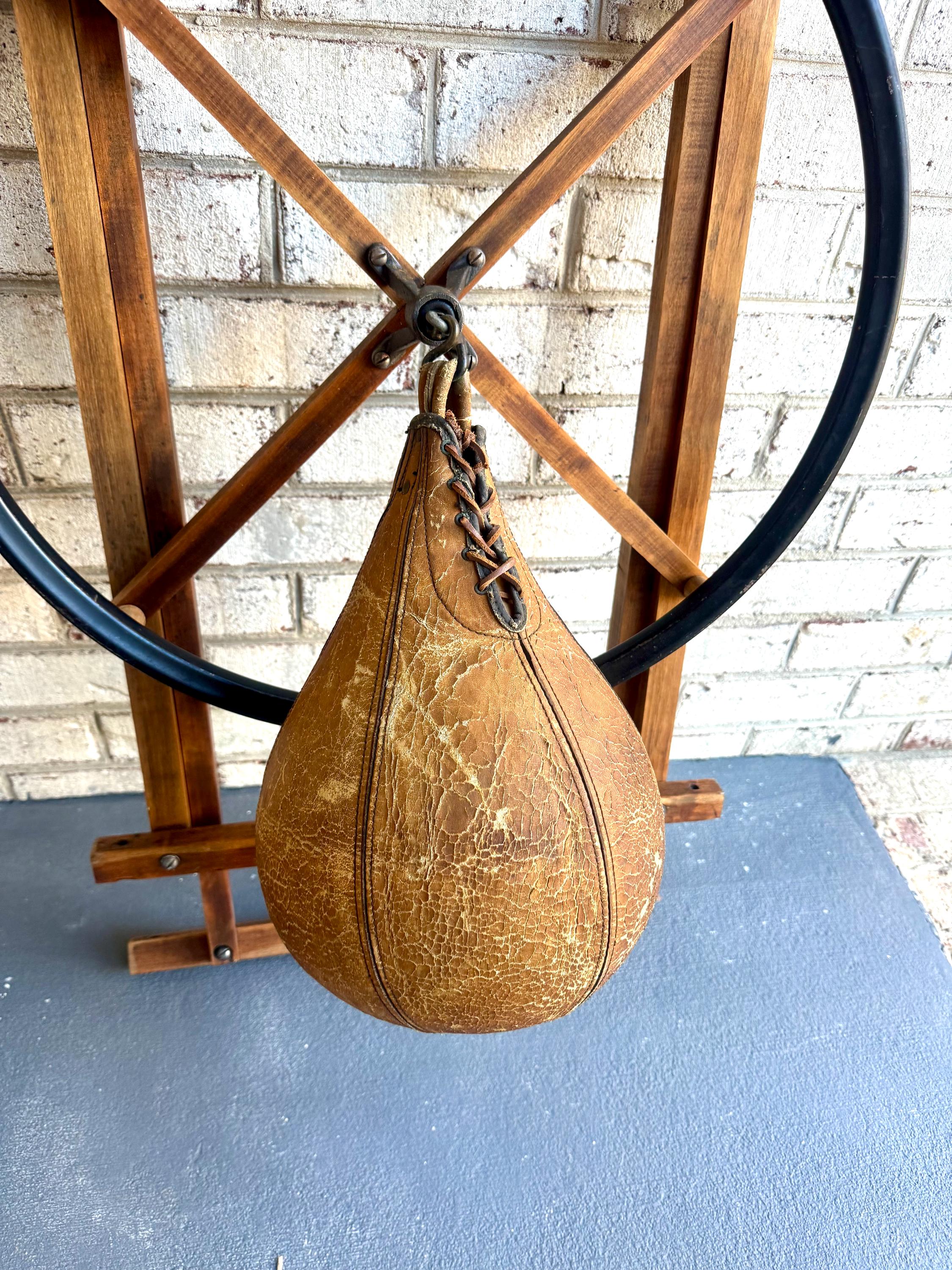 A Vtg Wall Mounted Boxing Speed Bag | Wood Frame and Leather Speed Bag | Antique Boxing Training Bag | Distressed Leather Speed Bag