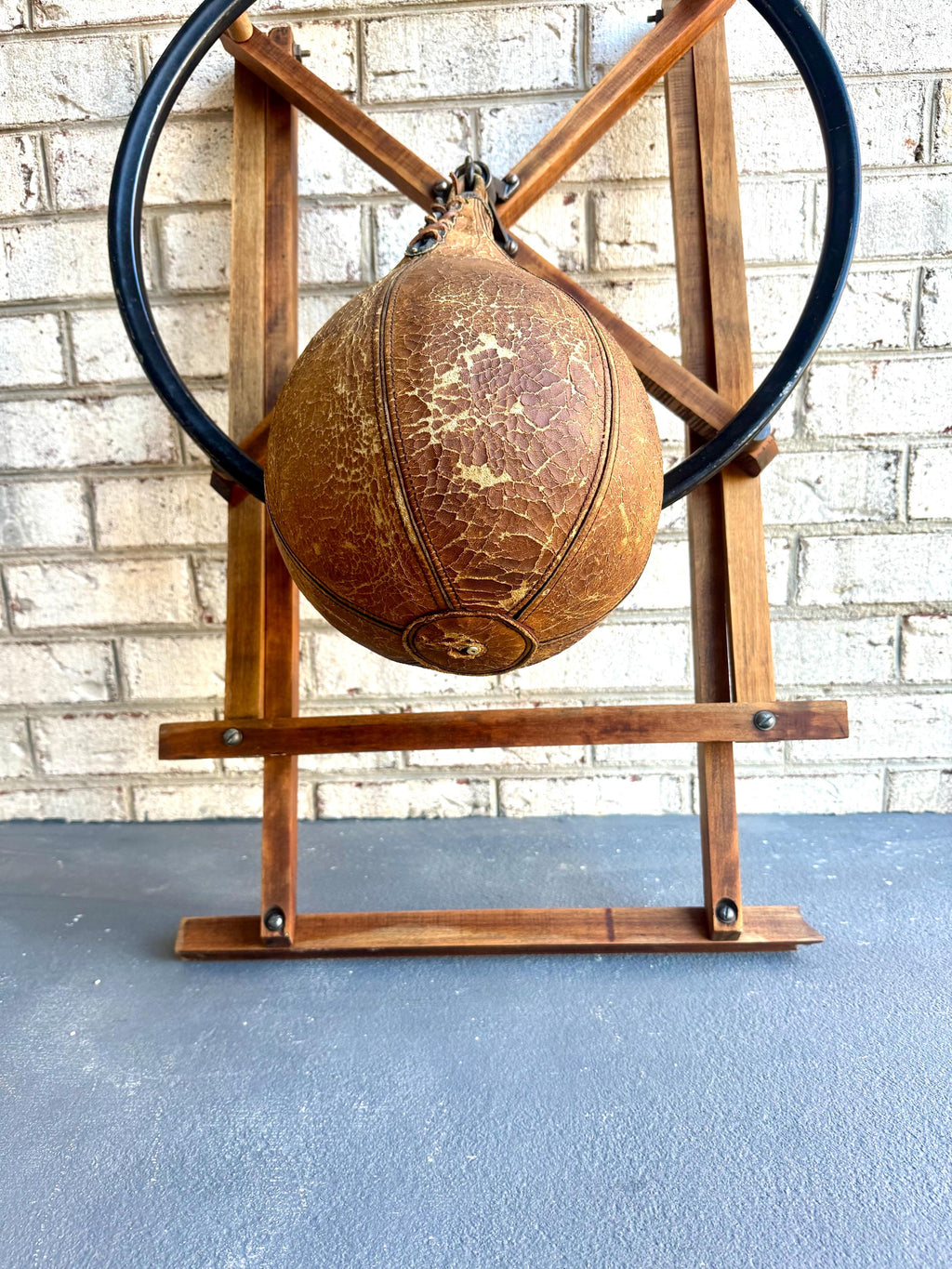 A Vtg Wall Mounted Boxing Speed Bag | Wood Frame and Leather Speed Bag | Antique Boxing Training Bag | Distressed Leather Speed Bag