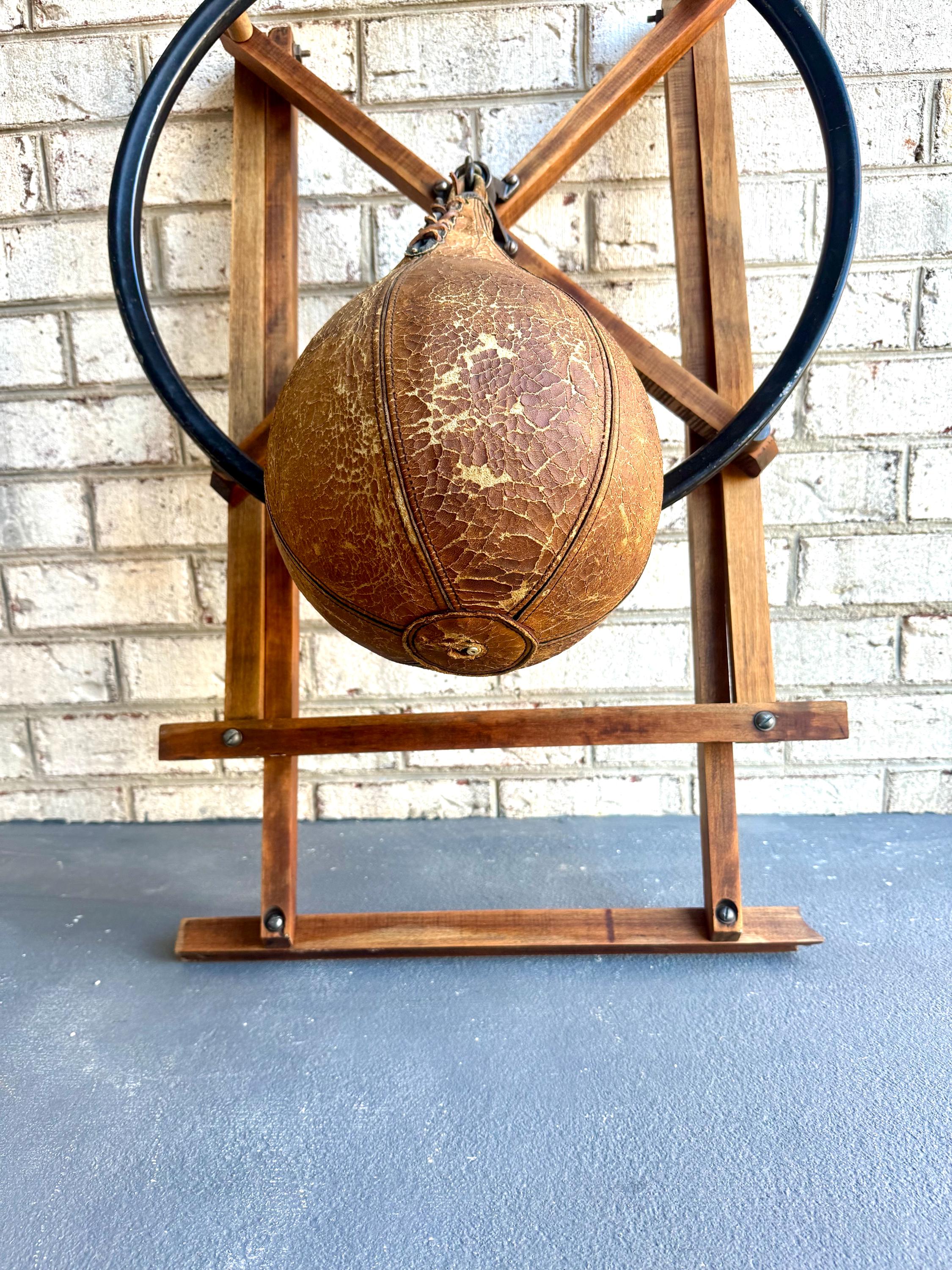 A Vtg Wall Mounted Boxing Speed Bag | Wood Frame and Leather Speed Bag | Antique Boxing Training Bag | Distressed Leather Speed Bag