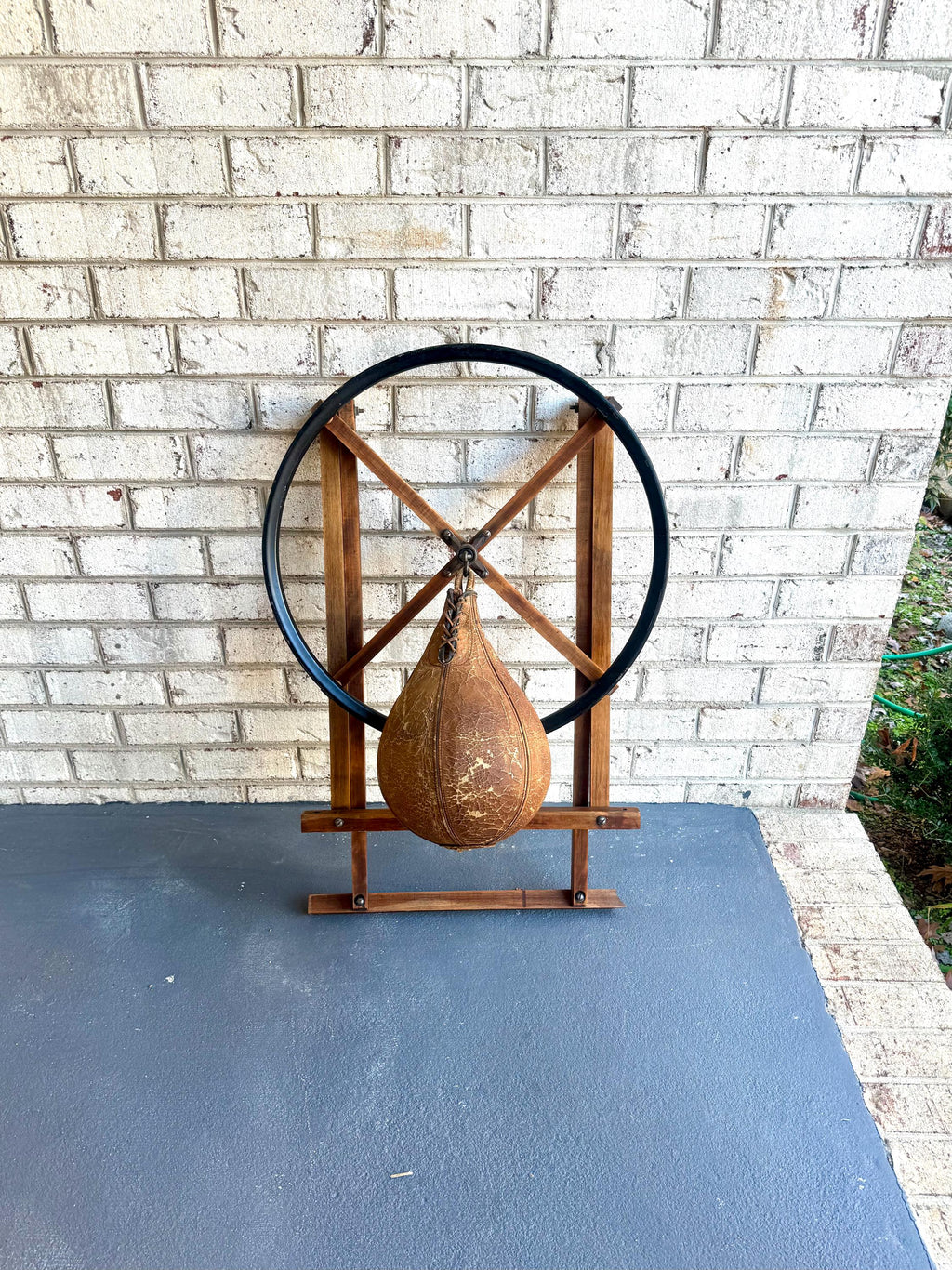 A Vtg Wall Mounted Boxing Speed Bag | Wood Frame and Leather Speed Bag | Antique Boxing Training Bag | Distressed Leather Speed Bag