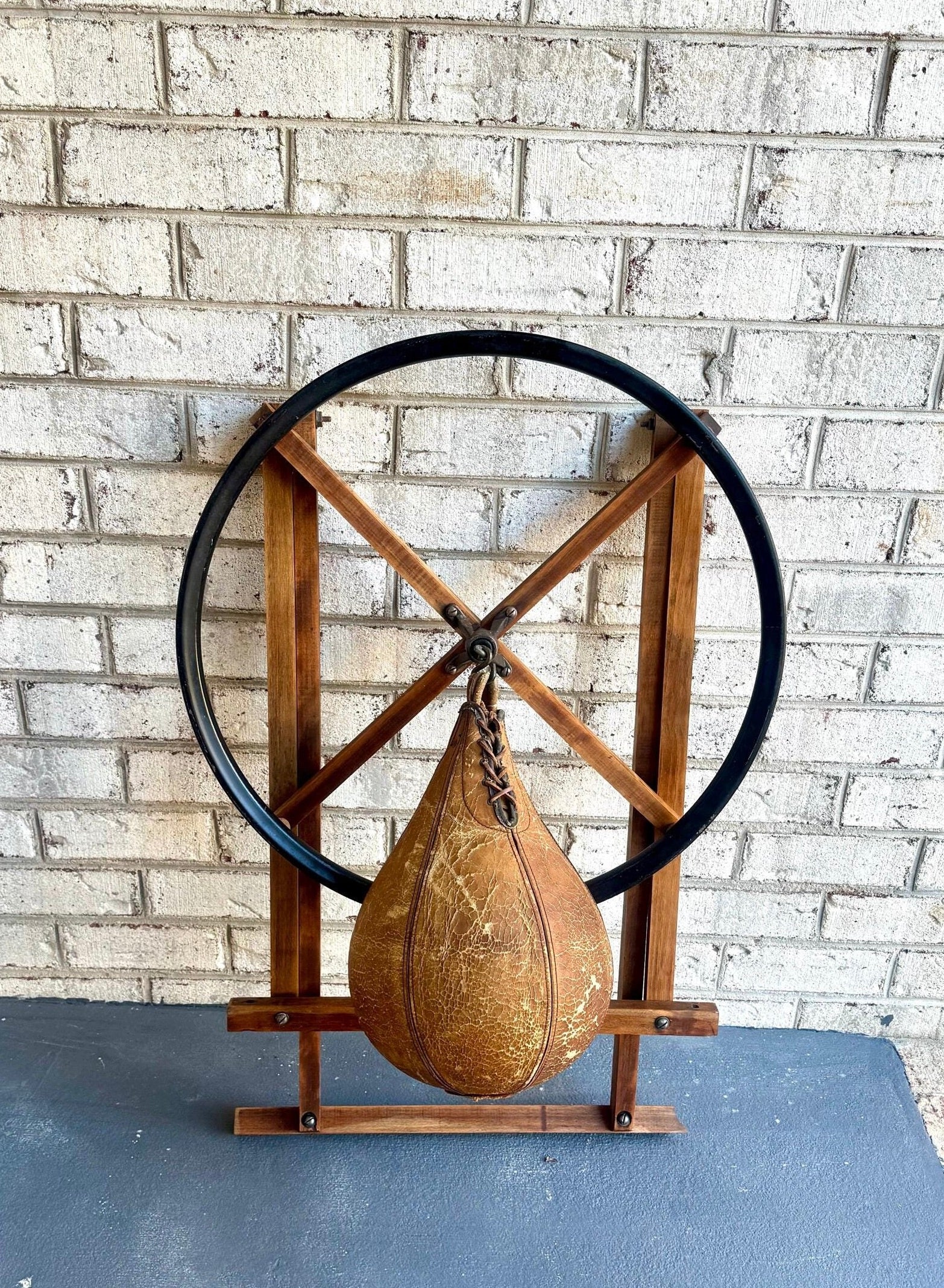 A Vtg Wall Mounted Boxing Speed Bag | Wood Frame and Leather Speed Bag | Antique Boxing Training Bag | Distressed Leather Speed Bag