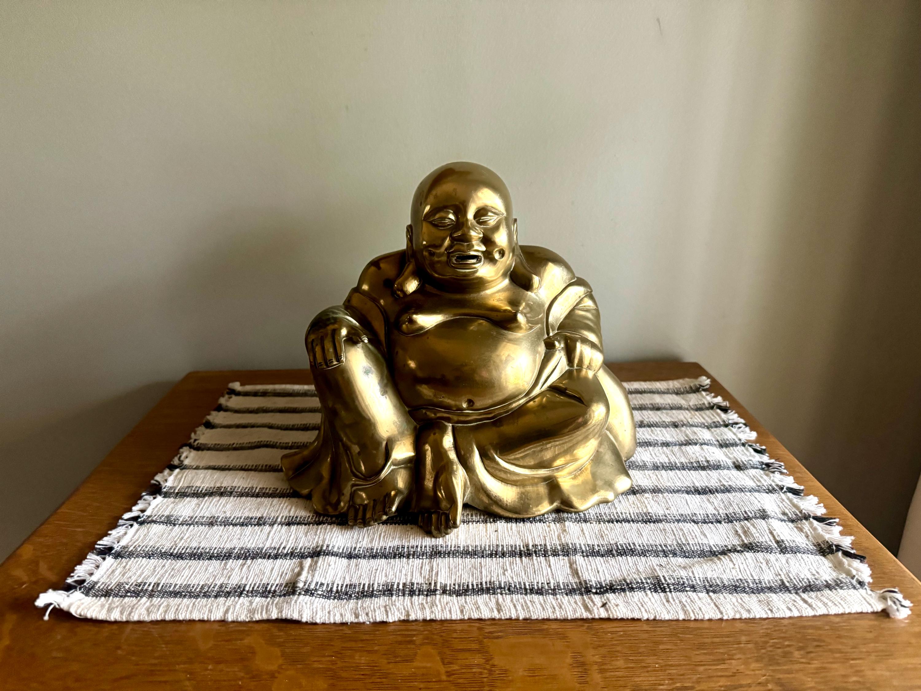 Vtg Large Brass Laughing Buddha | Large Brass Smiling Buddha Statue | Large Brass Buddha Figurine | Chinese Brass Sitting Buddha