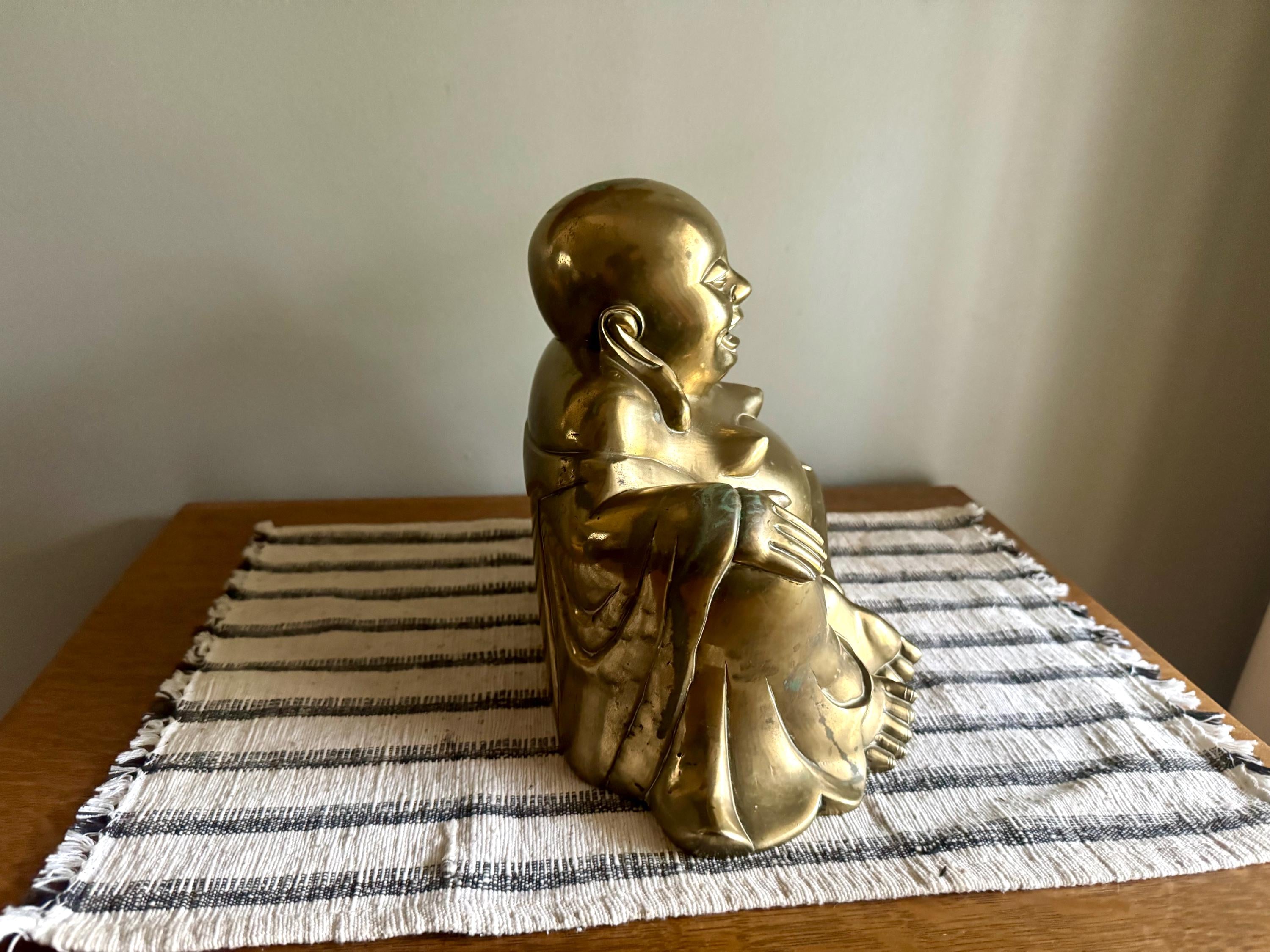 Vtg Large Brass Laughing Buddha | Large Brass Smiling Buddha Statue | Large Brass Buddha Figurine | Chinese Brass Sitting Buddha
