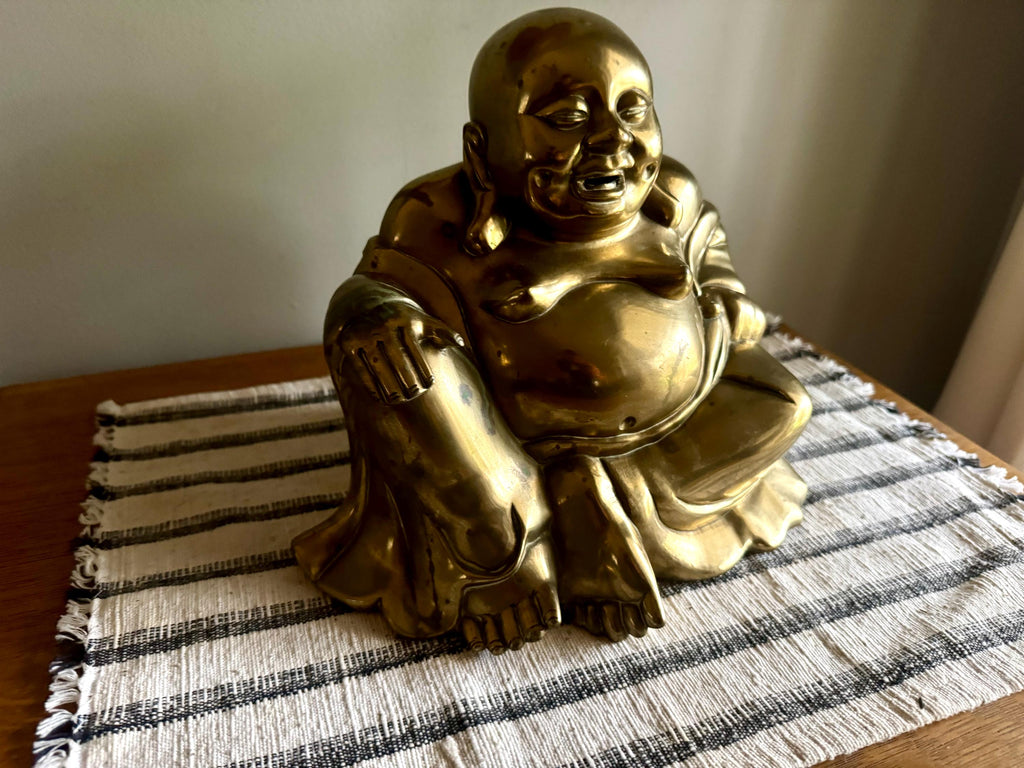 Vtg Large Brass Laughing Buddha | Large Brass Smiling Buddha Statue | Large Brass Buddha Figurine | Chinese Brass Sitting Buddha