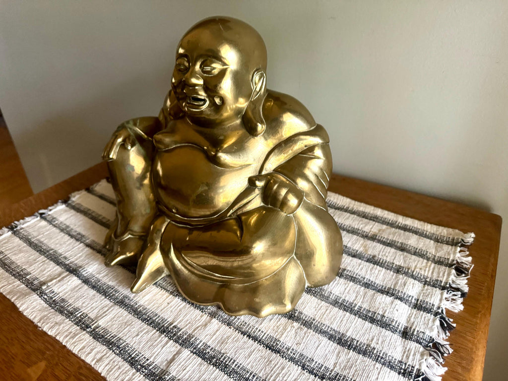 Vtg Large Brass Laughing Buddha | Large Brass Smiling Buddha Statue | Large Brass Buddha Figurine | Chinese Brass Sitting Buddha