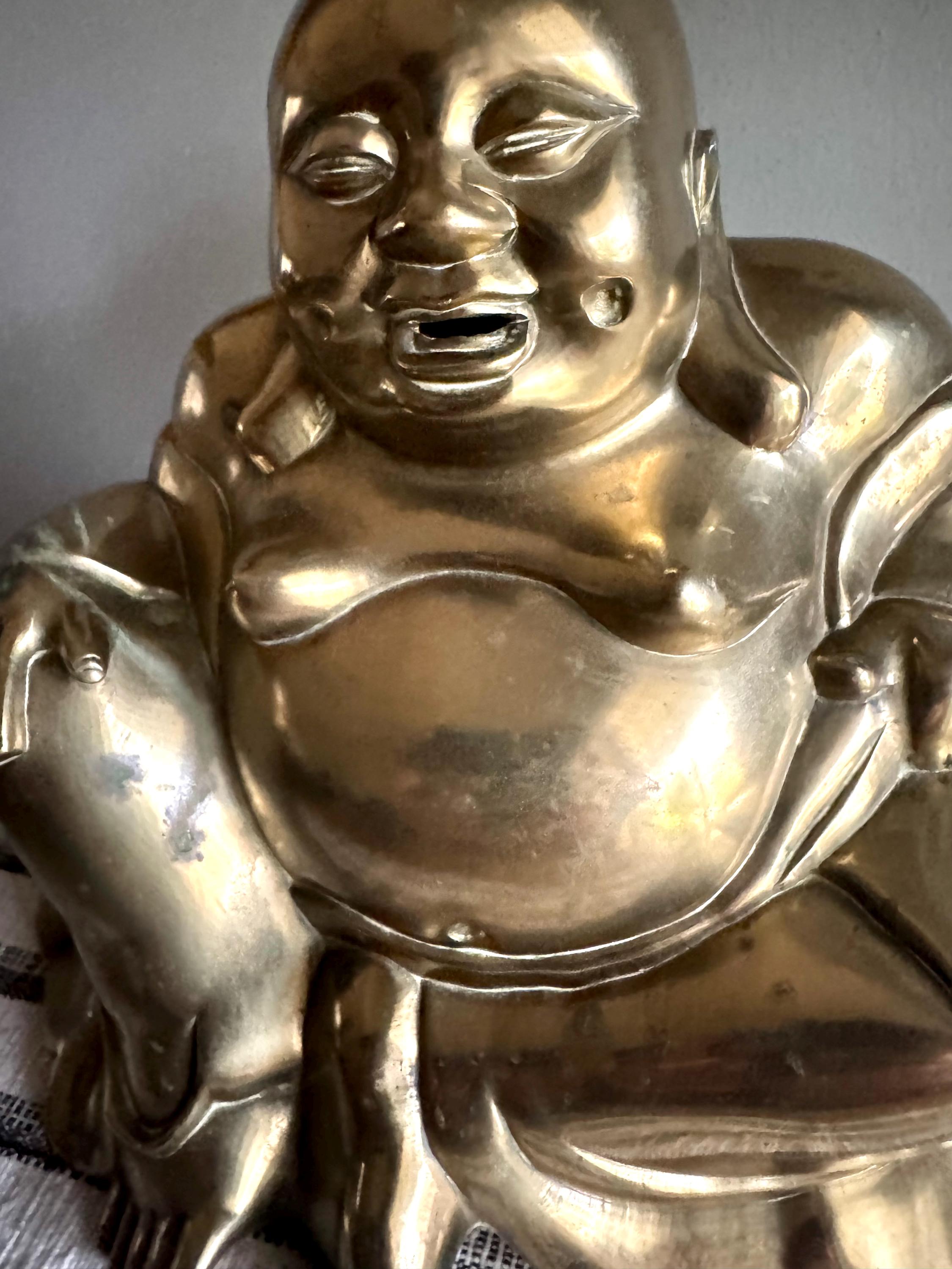 Vtg Large Brass Laughing Buddha | Large Brass Smiling Buddha Statue | Large Brass Buddha Figurine | Chinese Brass Sitting Buddha