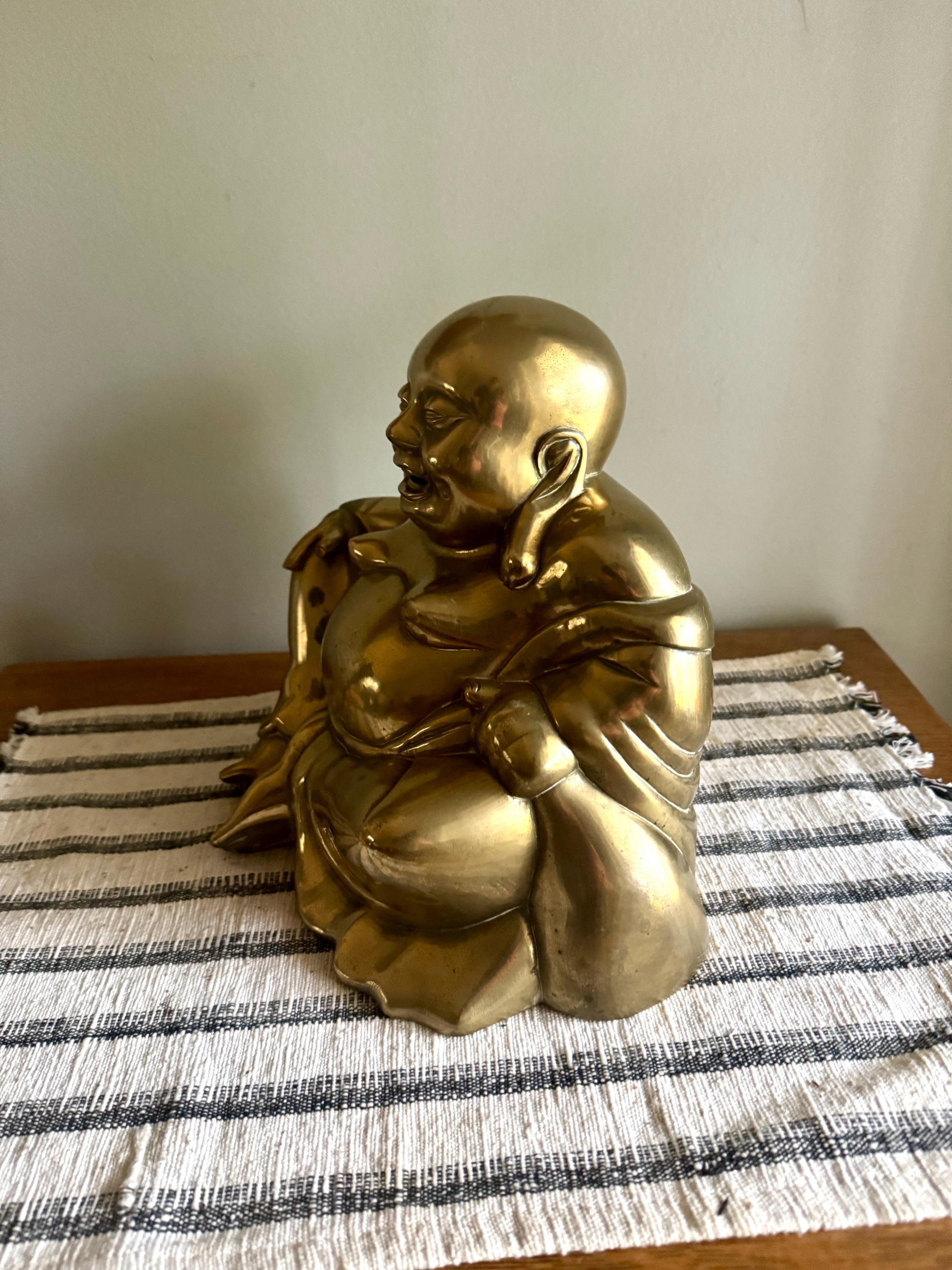Vtg Large Brass Laughing Buddha | Large Brass Smiling Buddha Statue | Large Brass Buddha Figurine | Chinese Brass Sitting Buddha